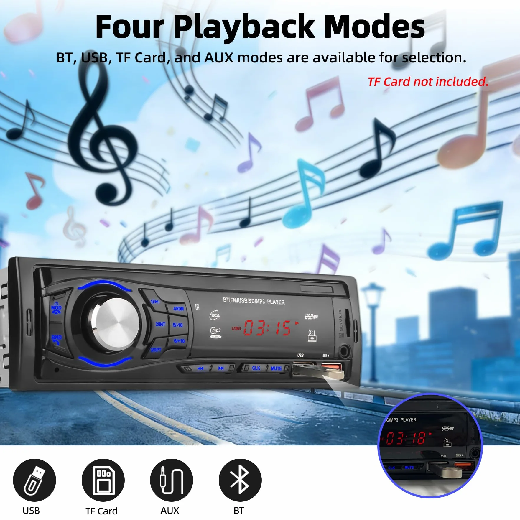 Radio Coche Bluetooth 1 DIN - Autoradio con 2 Puertos USB, Manos Libres, Entrada AUX y SD | Control Remoto y Radio FM - Estéreo Universal para Coche 12V (Negro)