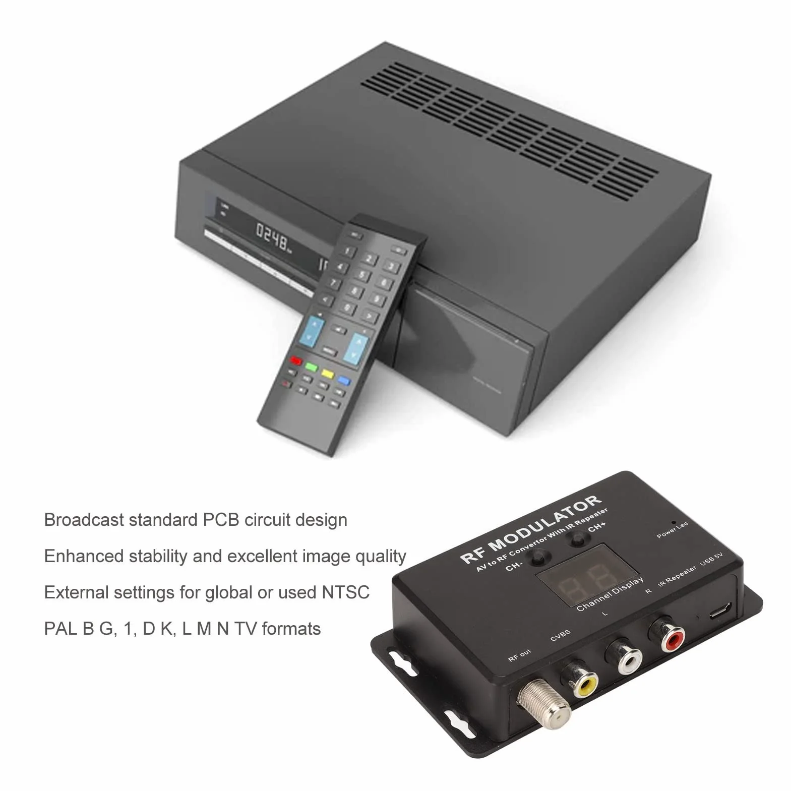 Modulador RF, Convertidor de Modulador Profesional PAL NTSC AV a RF con Repetidor IR para Decodificador, DVR, Reproductores de DVD