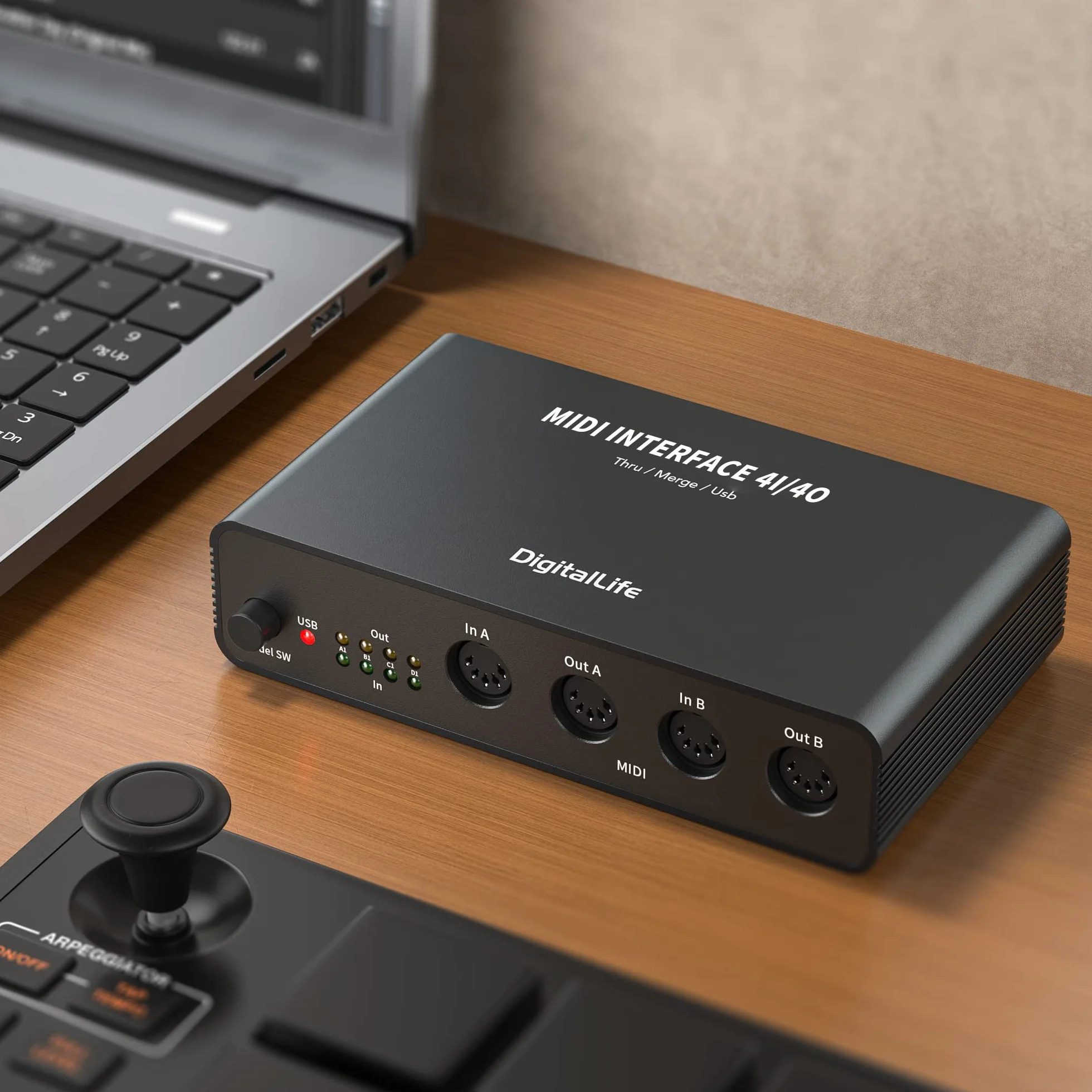 DigitalLife Quad I/O Pro 4x4 Interfaz MIDI USB – Merge/Thru/Splitter de 5-Pin DIN, Carcasa Metálica con 8 Indicadores LED | Compatible con Teclados, Sintetizadores y Drum Machines | UMB06-B