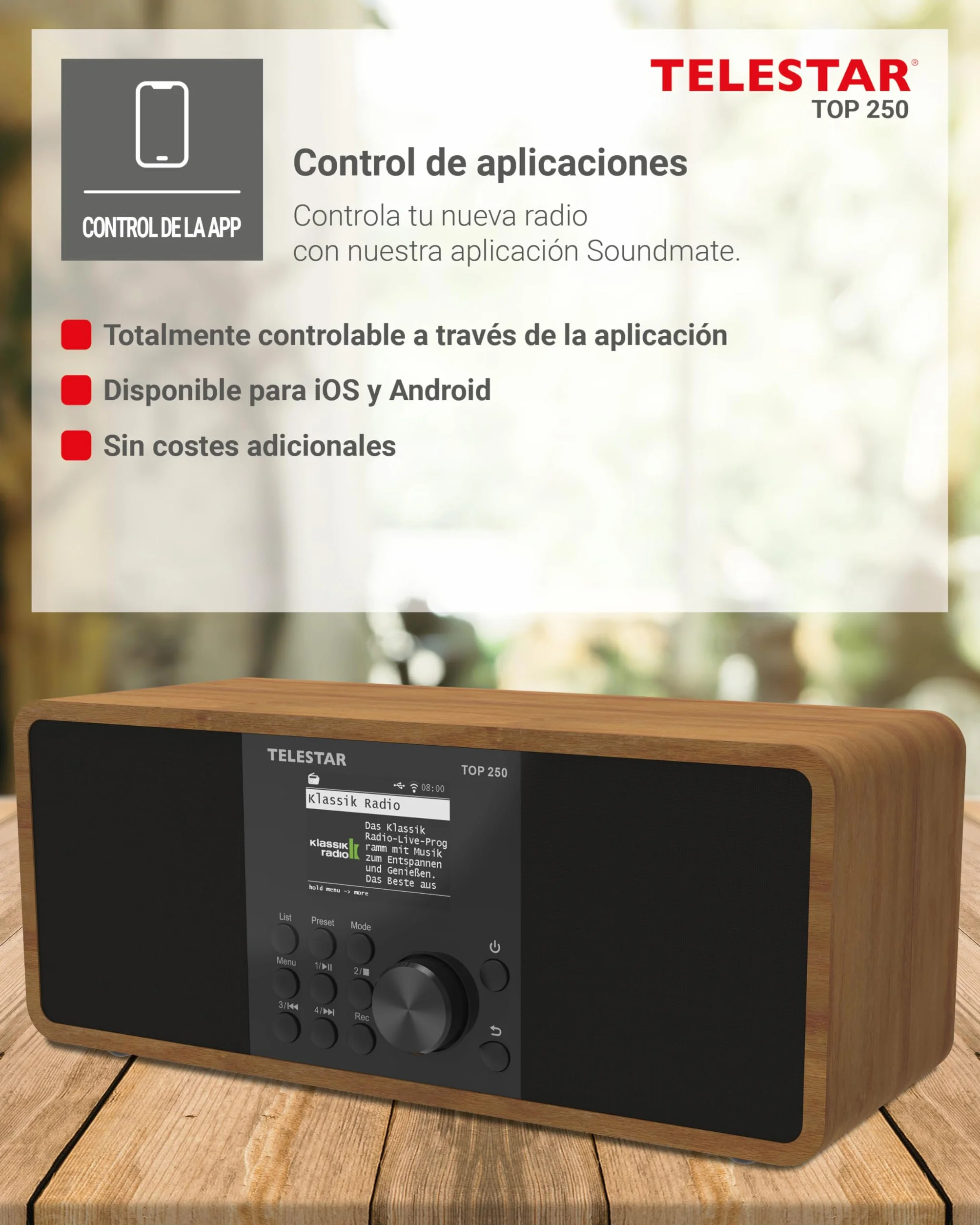 TELESTAR Top 250 – Dab+/Radio por Internet (estéreo, 2 × 10 W, Bluetooth Audio-Streaming & función de envío, grabación USB, Sistema de Emergencia, Control por App) – Madera