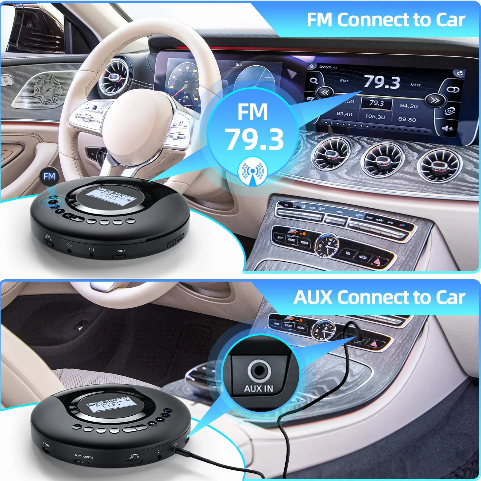 Arafuna Reproductor de CD portátil, Reproductor CD Bluetooth para Coche y niños, Discman CD portatil Recargable de 2000 mAh, protección a Prueba de Golpes, Radio FM, Tomas de Auriculares duales