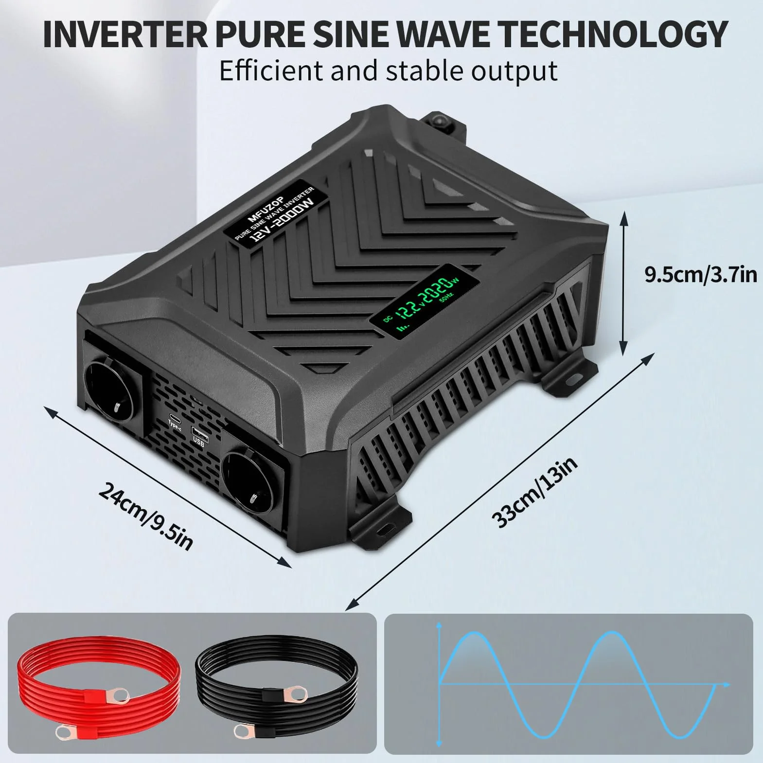 Inversor 12V 220V Onda Pura 2000W, Transformador con 2 Enchufes EU, Convertidor Potencia Pico 4000W, 1 USB-C & 1 USB-A (2,1A) para Camión Caravana Equipos Solares