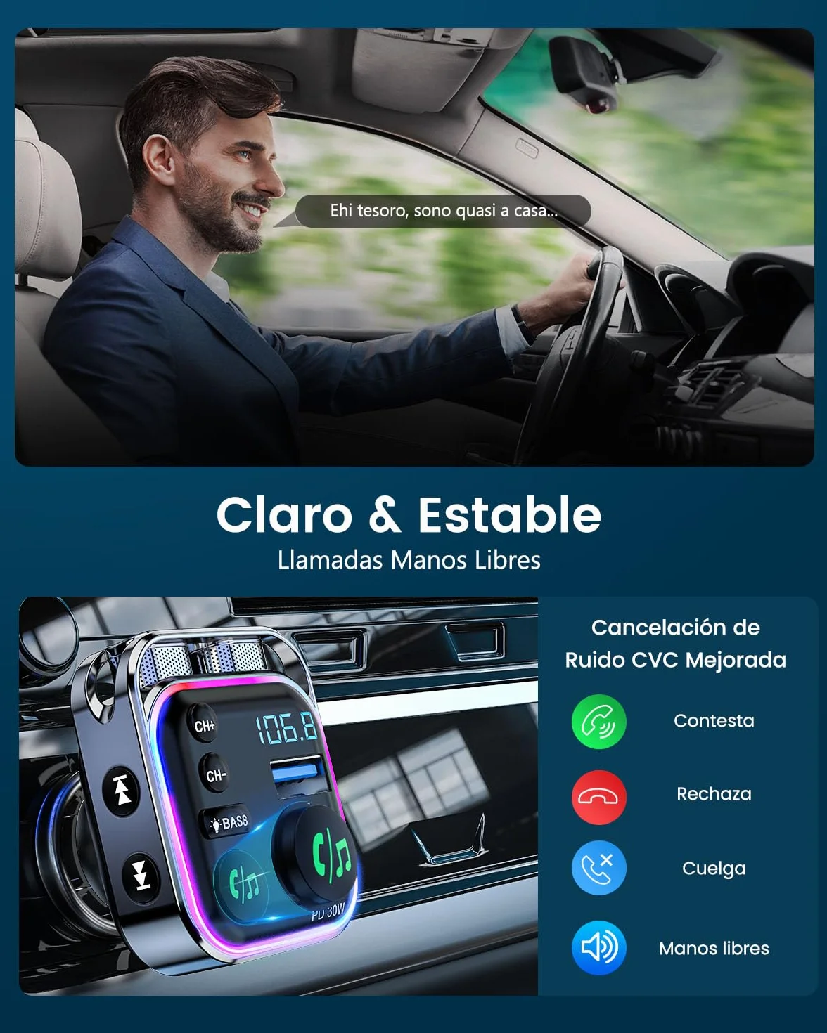 LENCENT Transmisor FM Bluetooth 5.3 Adaptador Coche Carga Rápida PD 30W QC3.0 Música Alta Fidelidad Manos Libres