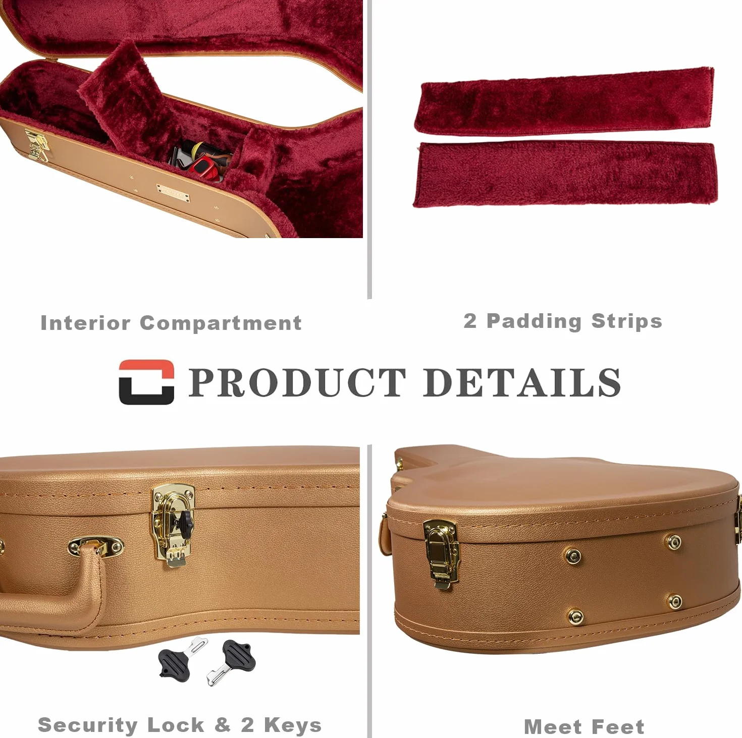 Crossrock Designer Series - Funda universal de madera para guitarra clásica 4/4, cerradura de seguridad, patas de metal, espacio de almacenamiento, oro de lujo (CRW520CLG), Oro de lujo, 4/4 Classical,