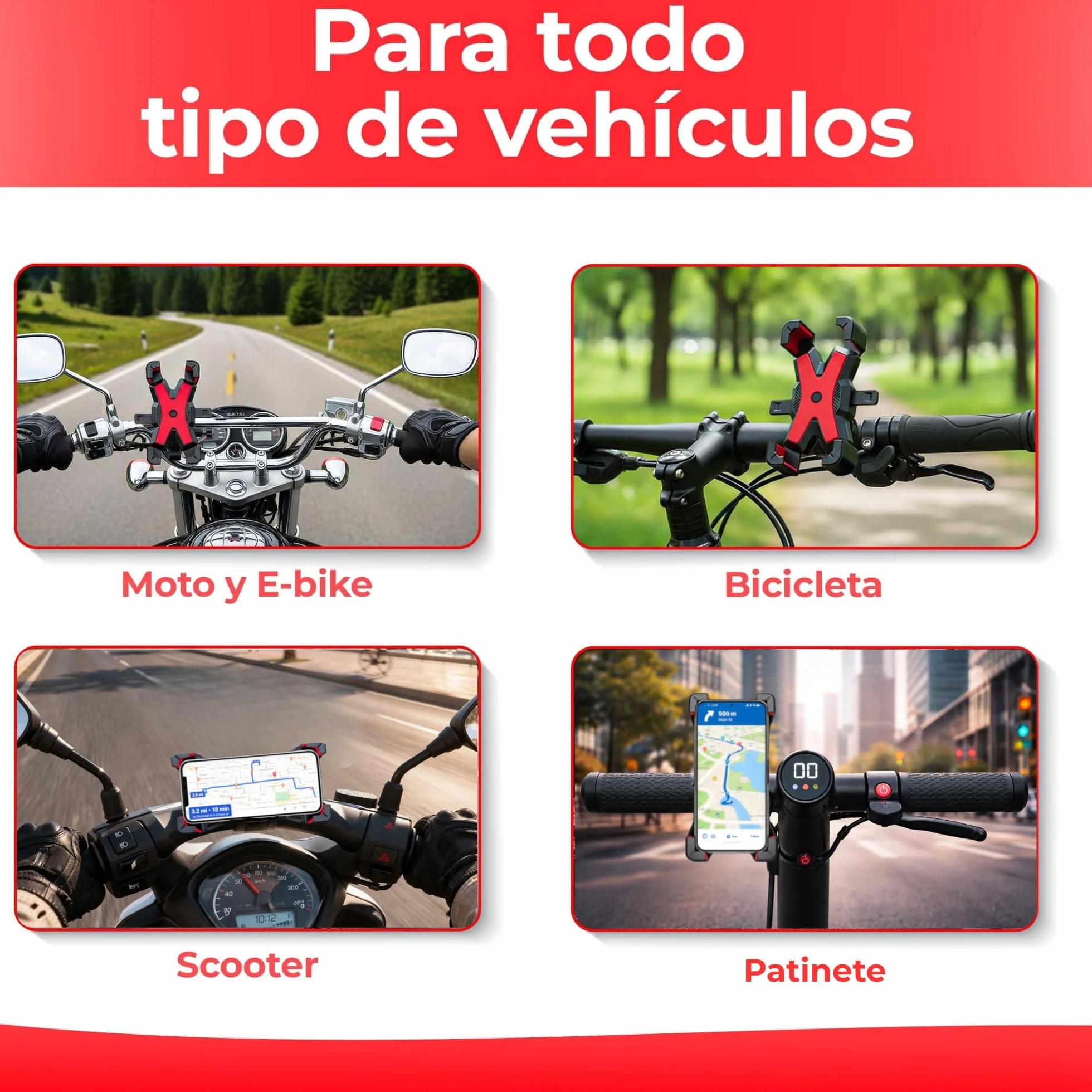 Soporte móvil Moto de Manillar Universal 360º Giro Desmontable 4,5-7" Negro
