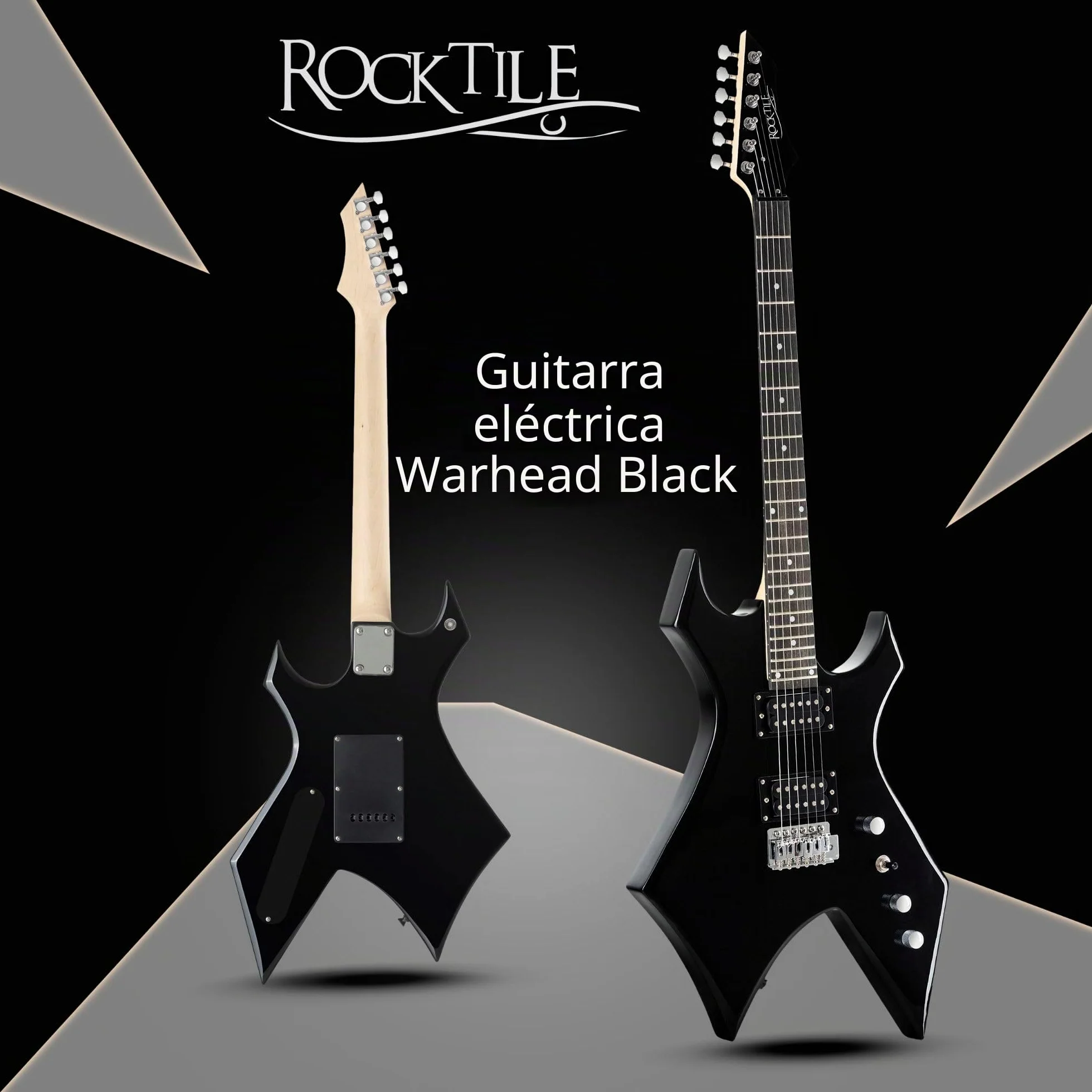 Rocktile Warhead E-Gitarra - Rocktile Heavy-Series - Cuerpo: Tilo - 2 Humbucker Pickups - 24 Trastes - Diapasón de madera dura seleccionada - Vintage String Thru Tremolo - Negro Brillante