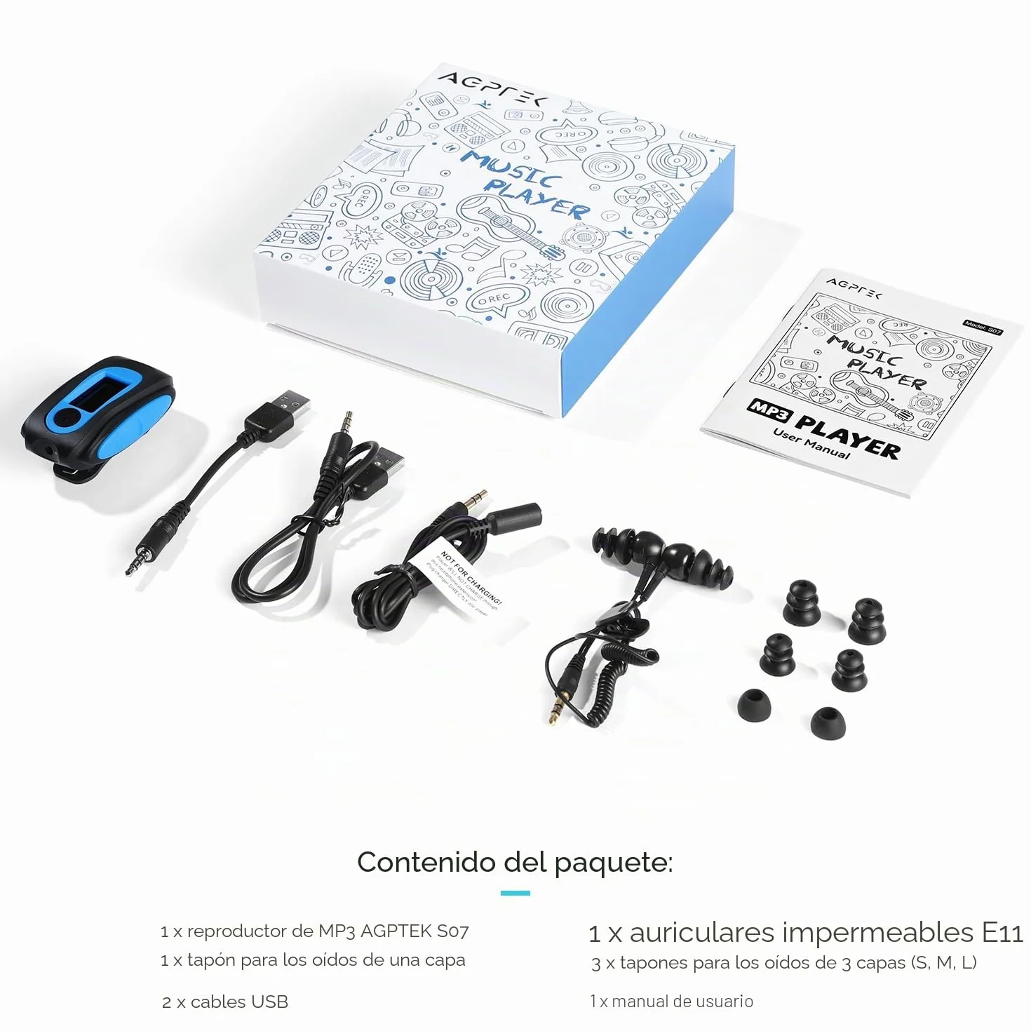 AGPTEK S07 Clip MP3 Player Waterproof IPX8 8GB Azul