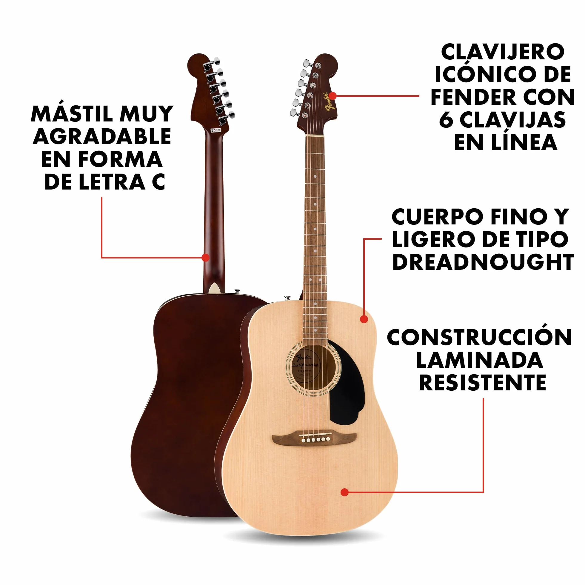 Fender guitarra acústica California Debut Redondo en acabado natural, funda, correa, cable, púas, soporte para guitarra