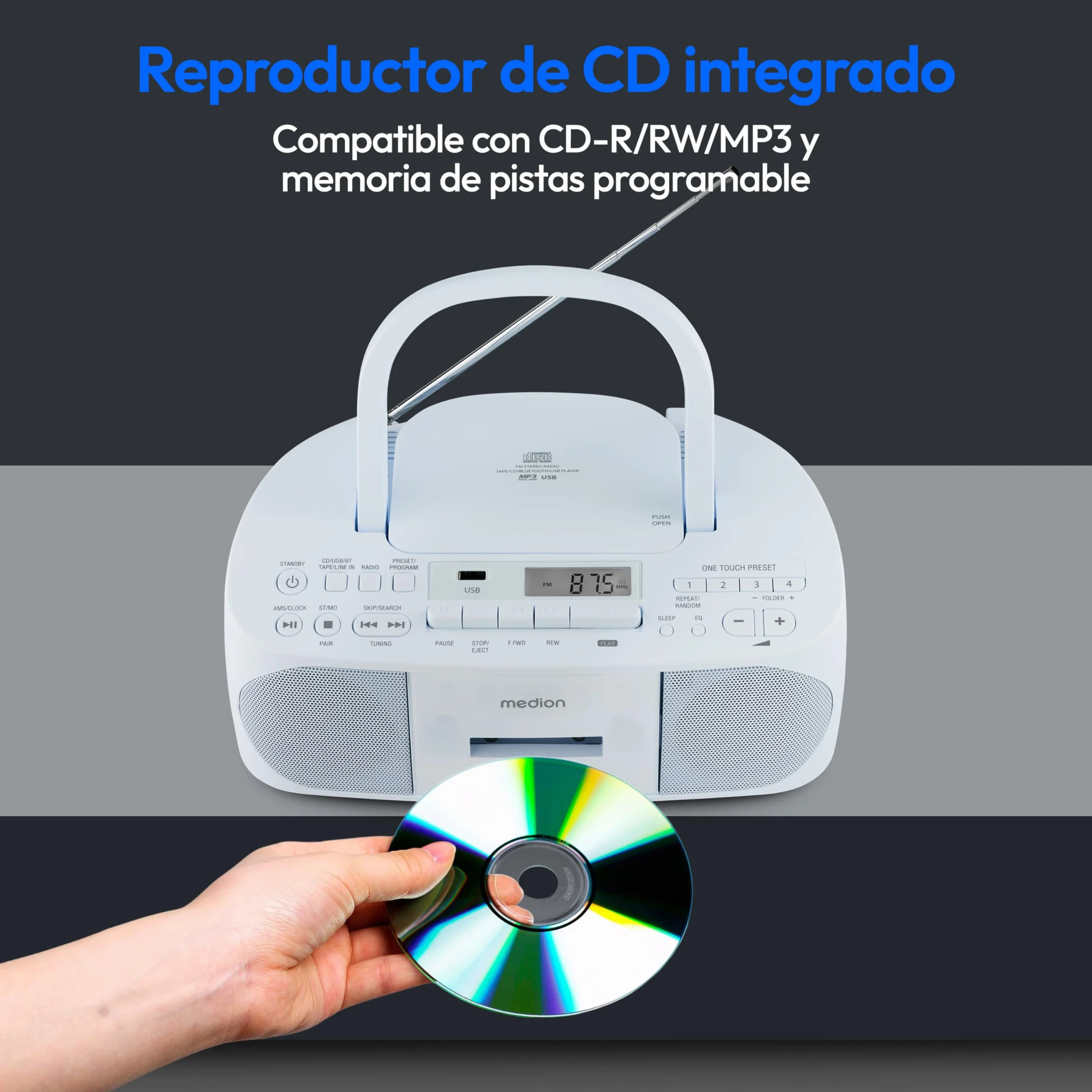 MEDION E65010 Radio estéreo (Reproductor de CD, Casete, conexión USB, Entrada de Audio AUX, reproducción MP3. Radio FM PLL, Memoria para 40 emisoras, Funcionamiento con Pilas, Mando a Distancia) Azul