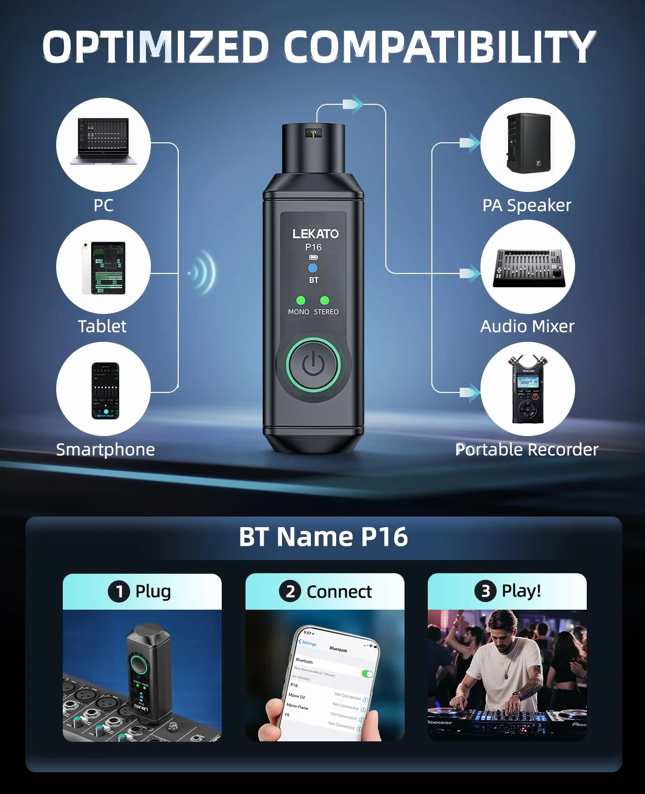 LEKATO P16 Receptor Bluetooth XLR, Audio Mono/Estéreo, Autonomía 15 h, Bluetooth 5.3, 48 kHz/24 bits, Alcance 50 m, para Mezcladores, DJ y Sistemas PA