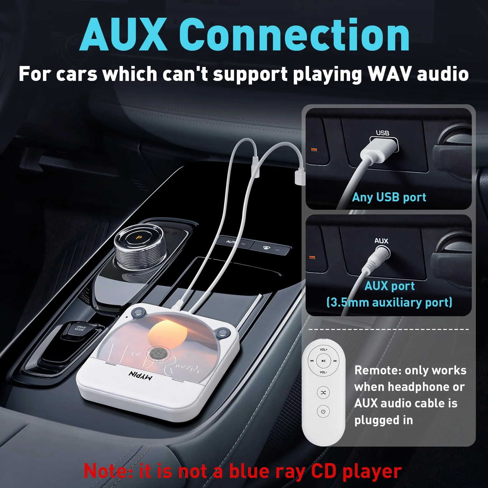 Reproductor de CD Portátil Externo para Coche con Puerto USB/AUX, Compatible con Radio Estéreo de Coche, TV, Computadora, Universal para Vehículos, Compatible con CD/CD-MP3/CD-RW/CD-R/CD-WMA/CD-WAV