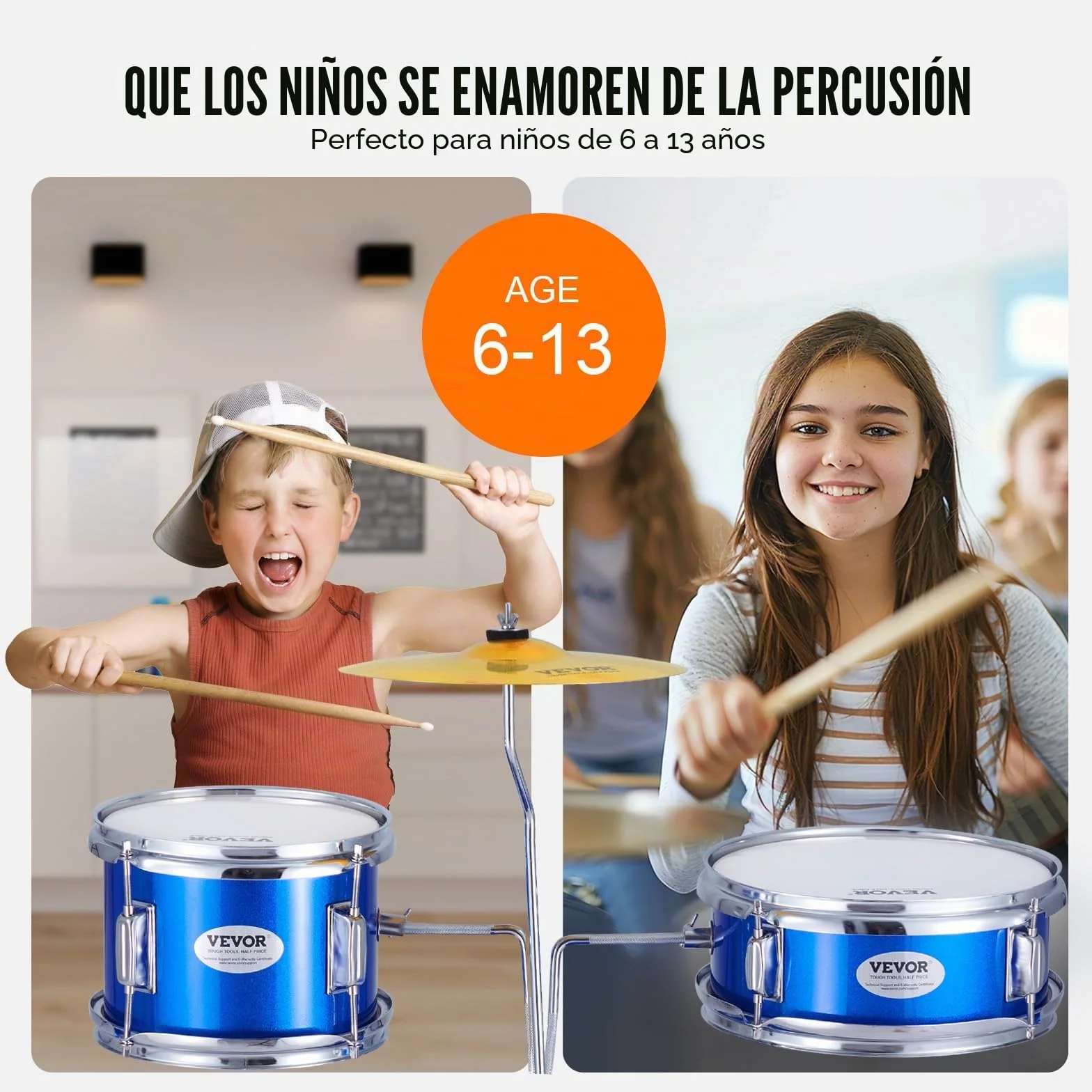 VEVOR Juego de Batería para Niños, 3 piezas, Juego de Batería para Principiante con Pedal de Platillo de Trono Ajustable dos Pares de Baquetas, Tom, Caja, Bombo, Kit de Batería de Iniciación, Azul