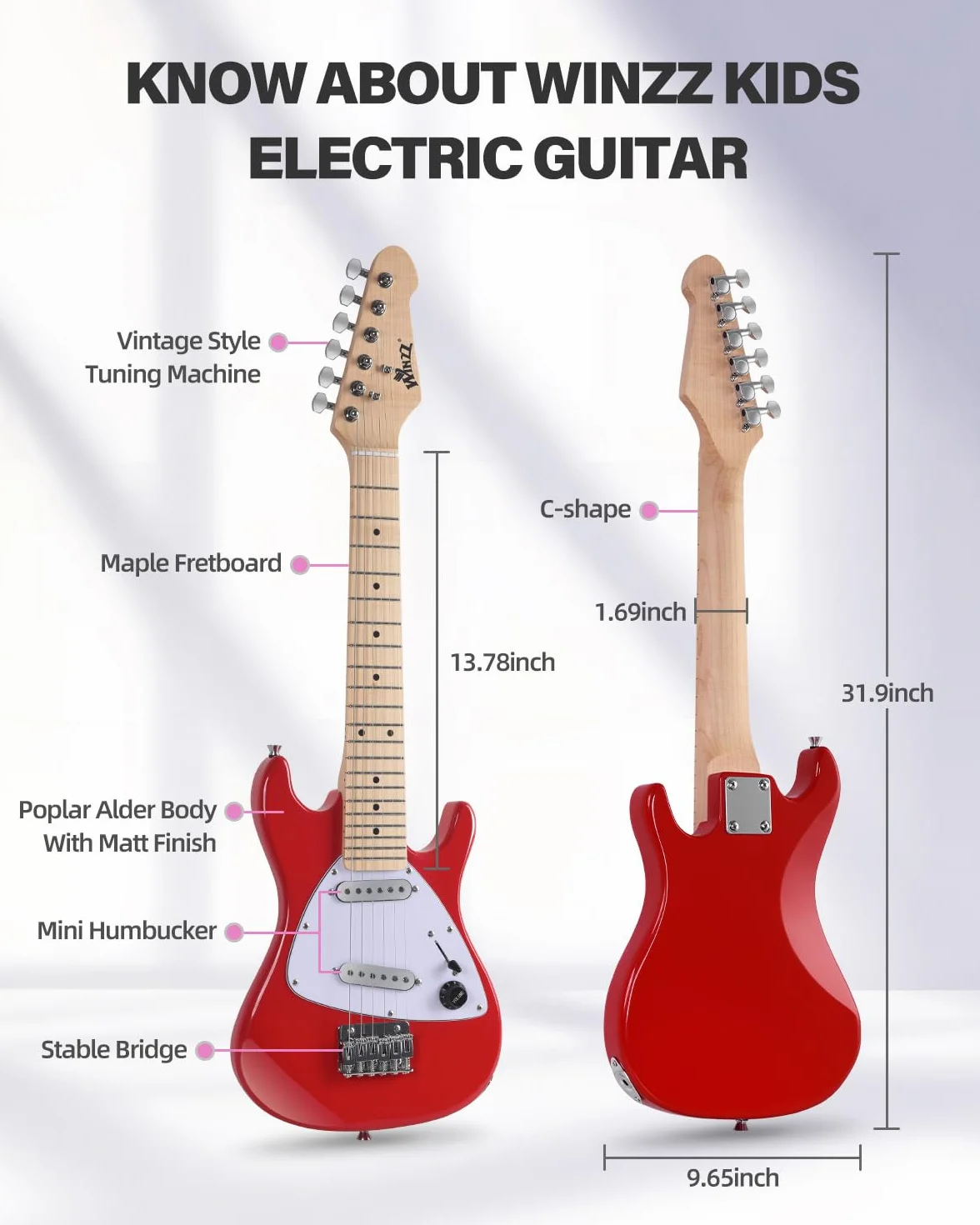 WINZZ - Kit de guitarra eléctrica para niños de 30 pulgadas, para principiantes, guitarra eléctrica mini de tamaño 1/4, conjunto completo de iniciación con amplificador, color rojo brillante