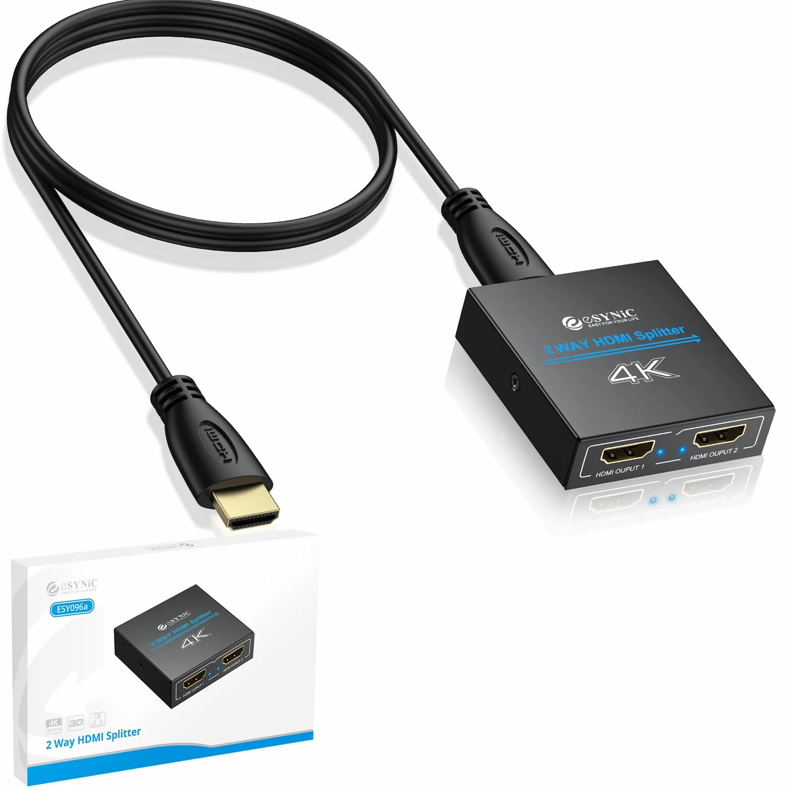 eSynic HDMI Splitter 4K/30HZ HDMI Amplificador 1 Entrada y 2 Salidas con Cable HDMI de 1 m y Cable USB-C HDCP 1.4 Soporta 4K& Full HD para HDTV PS4 Reproductor de BLU-Ray Laptop etc