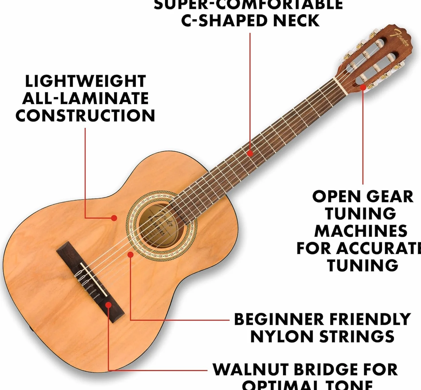 Fender Classic Design CN-25 de cuerdas de nylon, diapasón de nogal escala corta, guitarra acústica clásica tamaño 3/4, natural. Ideal para principiantes