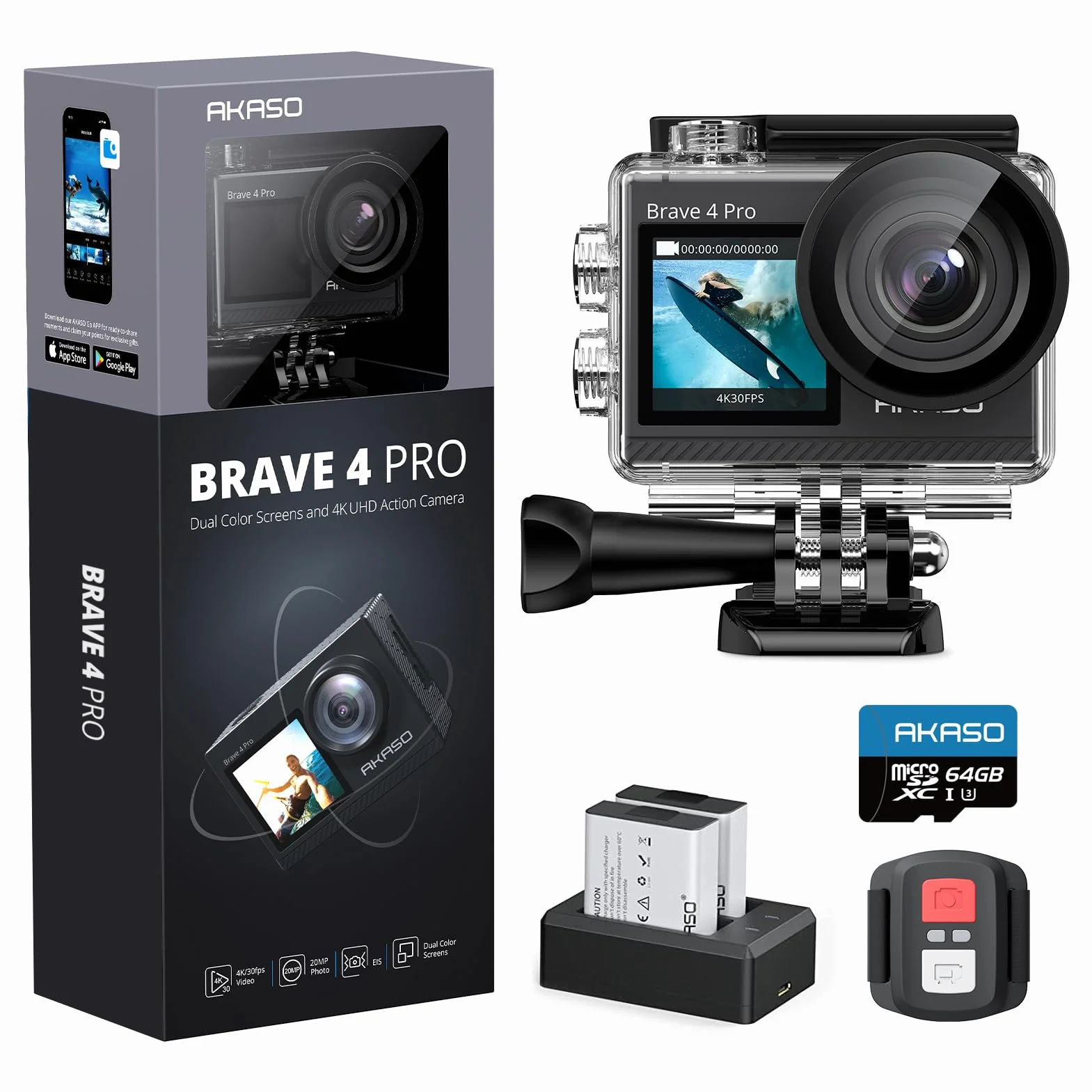 AKASO Brave 4 Pro Cámara Deportiva 4K 20MP con Tarjeta de Memoria U3 de 64GB Cámara de Acción Camara Acuatica Sumergible 40M con Dual Pantalla EIS 5X Zoom 2*1350mAh Baterías Multi Accesorios