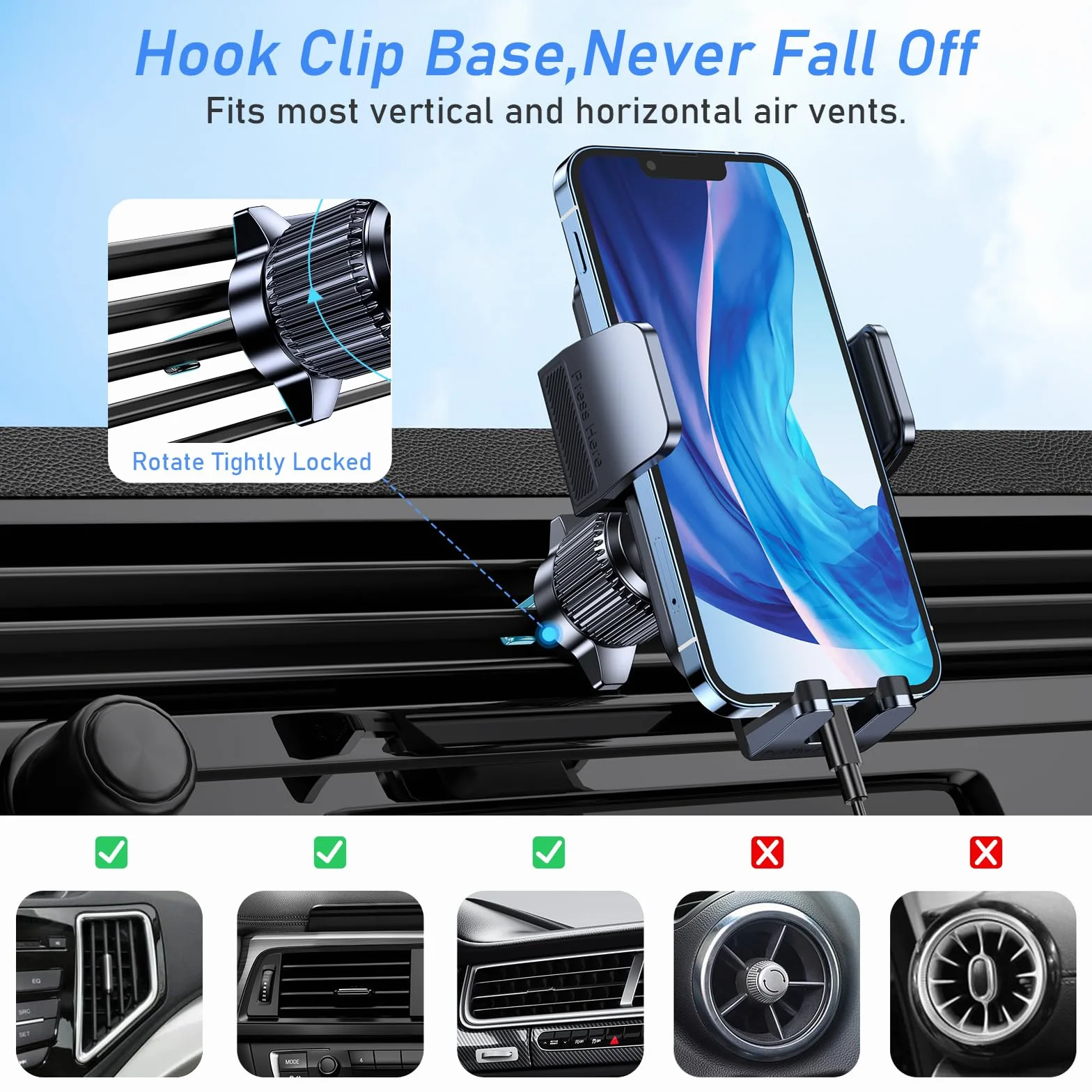 Blukar Soporte Móvil Coche, Soporte Teléfono Coche del Aire Ventilación 360° Rotación, Liberación de un Botón, para Smartphone 4.0''-7.0'' (Negro)