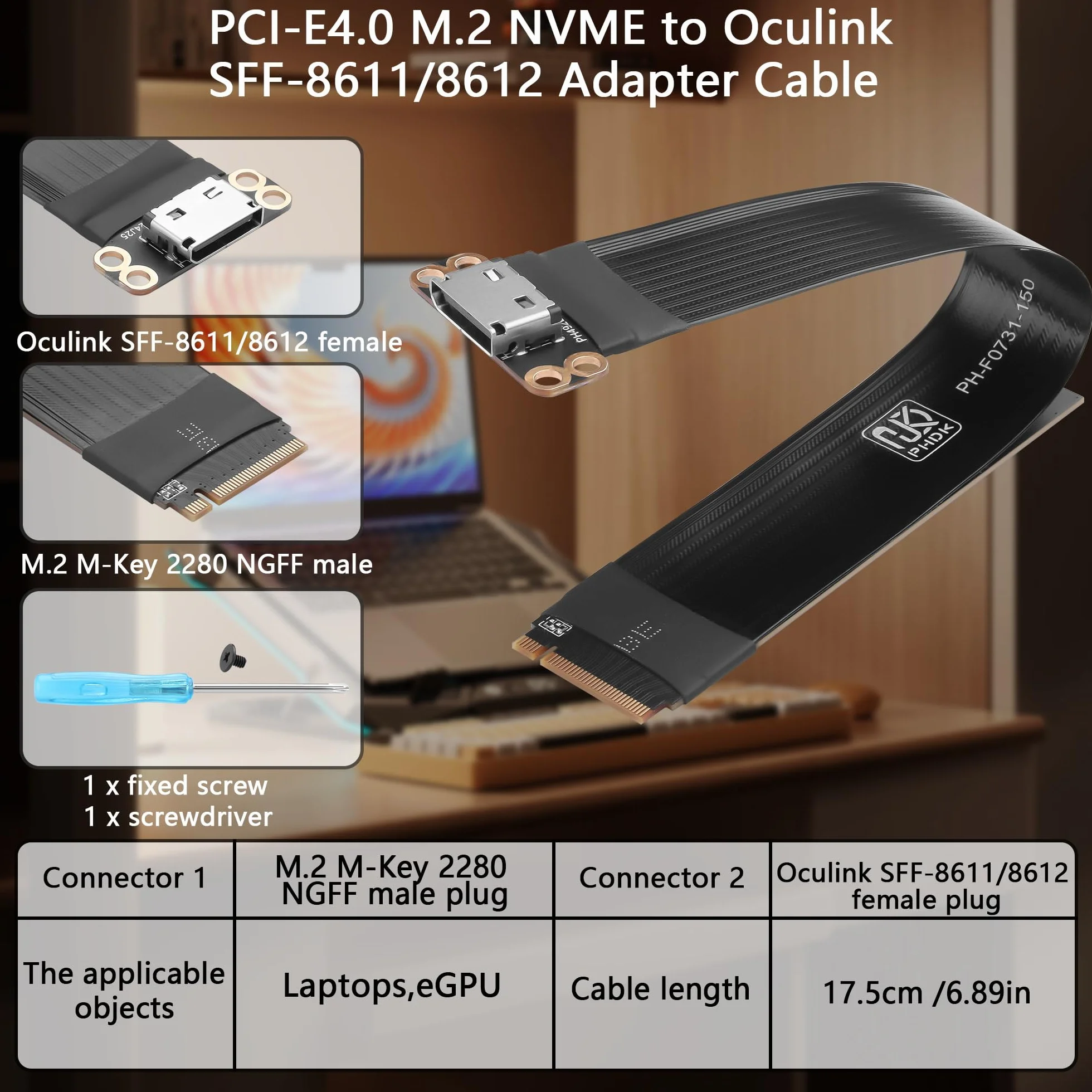 GINTOOYUN Cable adaptador PCI-E4.0 M.2 NVME a Oculink SFF-8611/8612 M.2 M-Key 2280 NGFF a Oculink SFF-8611 SFF-8612 cable host hembra para portátiles, eGPU, etc. (17,5 cm)