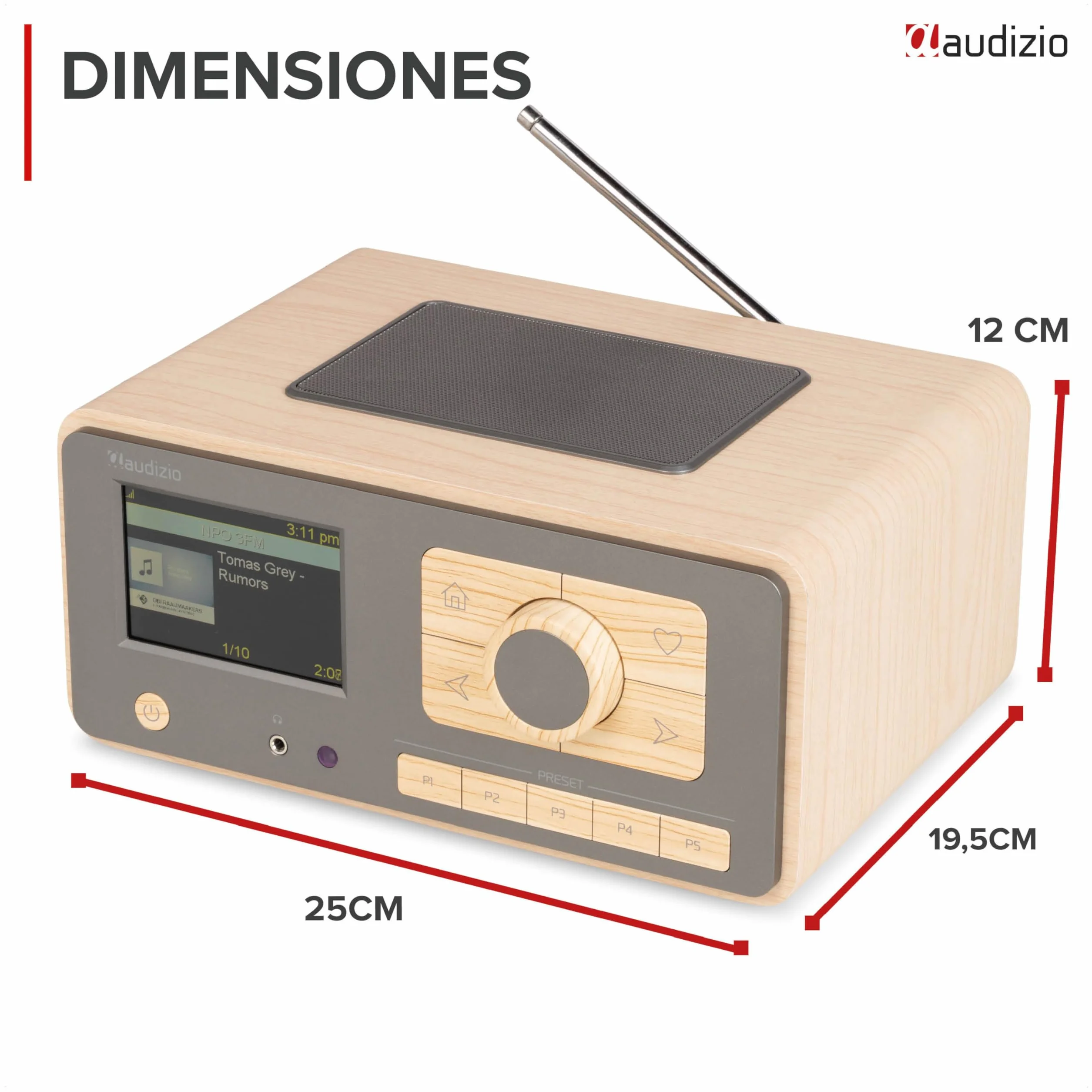 Audizio Dozza – Radio Dab+ FM Internet con Bluetooth 5.3, WiFi, 40W, Pantalla 3.5", Despertador, Mando a Distancia, Altavoz Radio Bluetooth con Gran Sonido para casa y Oficina, Color Bambu y Gris