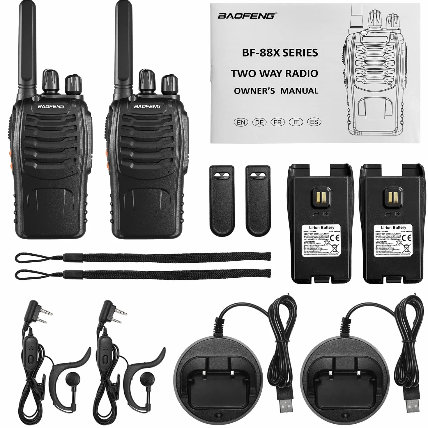 BF-88X Profesional Walkie Talkie, 16 Canales de Largo Alcance de Radio de Dos vías con Cargador USB, Auriculares, Ideal para los niños Jugar y el Trabajo de los Adultos (Negro, 1 par)