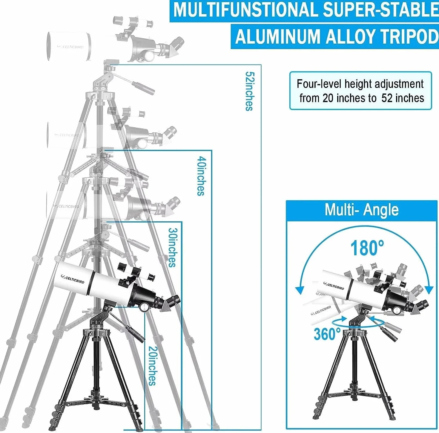 CELTICBIRD Telescopio para Adultos Principiantes en astronomía - Telescopio Refractor portátil astronómico Revestimientos de Alta transmisión Totalmente Multicapa Montaje AZ （80600）