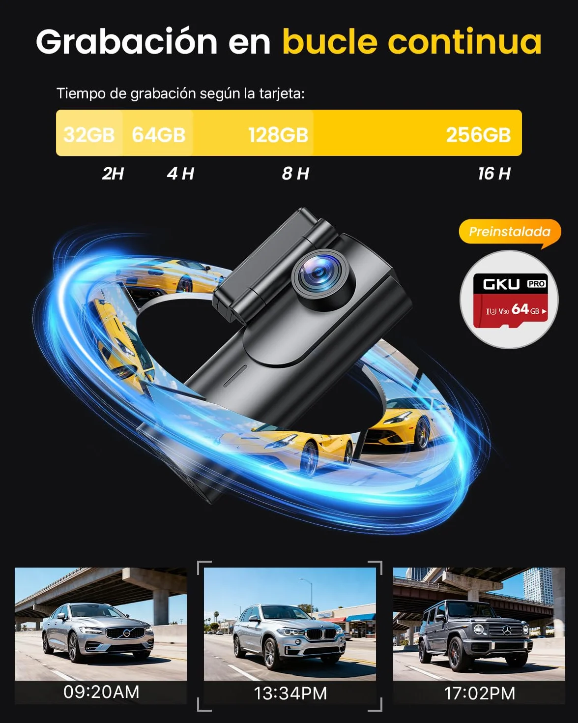 GKU Dashcam Cámara Coche 4K+1080P, 5GHz WiFi Dash CAM Coche con Tarjeta SD de 64GB,Camara Coche Grabadora,170° Gran Angular,Visión Nocturn,WDR,Sensor G,Monitor de Aparcamiento