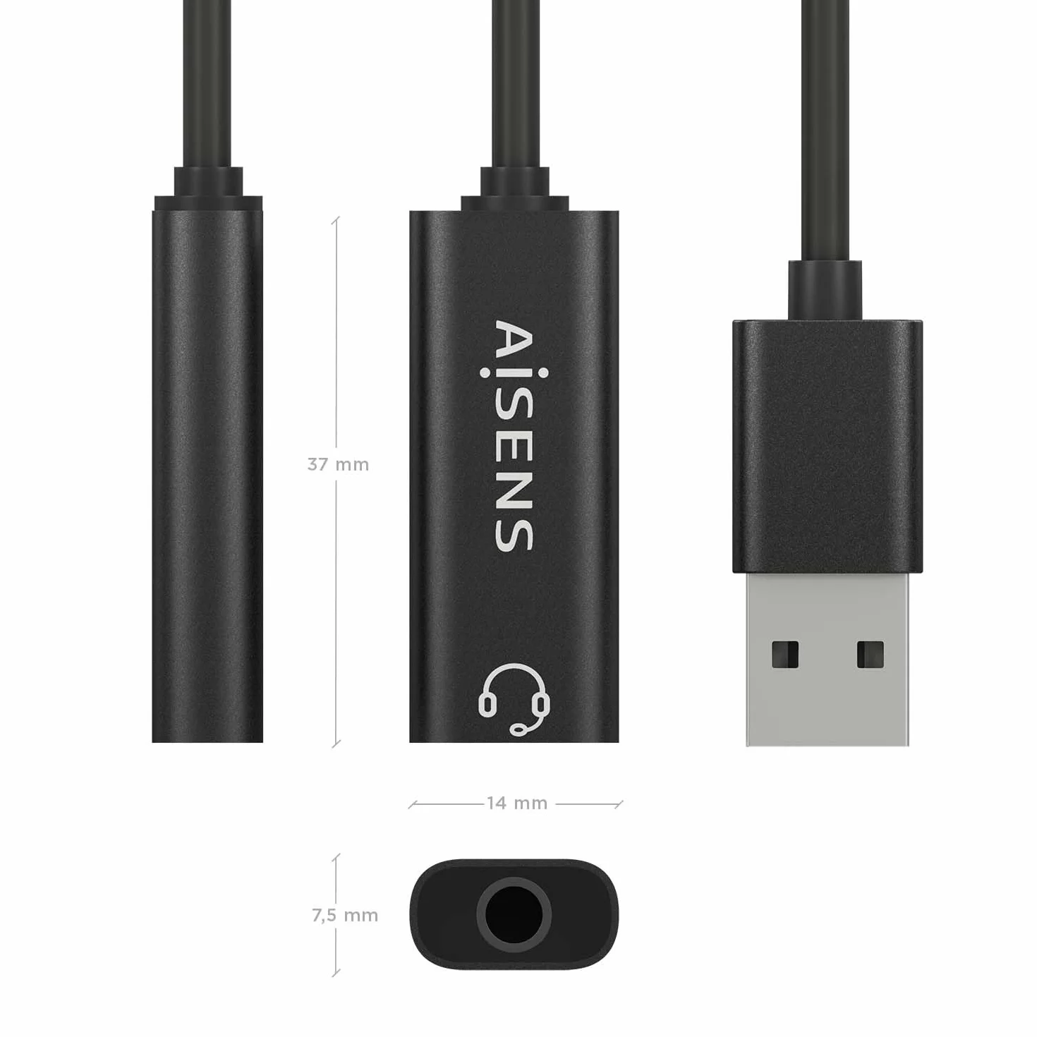 AISENS A106-0770 Conversor USB-A Audio 48kHz Jack 3.5mm Negro 10cm