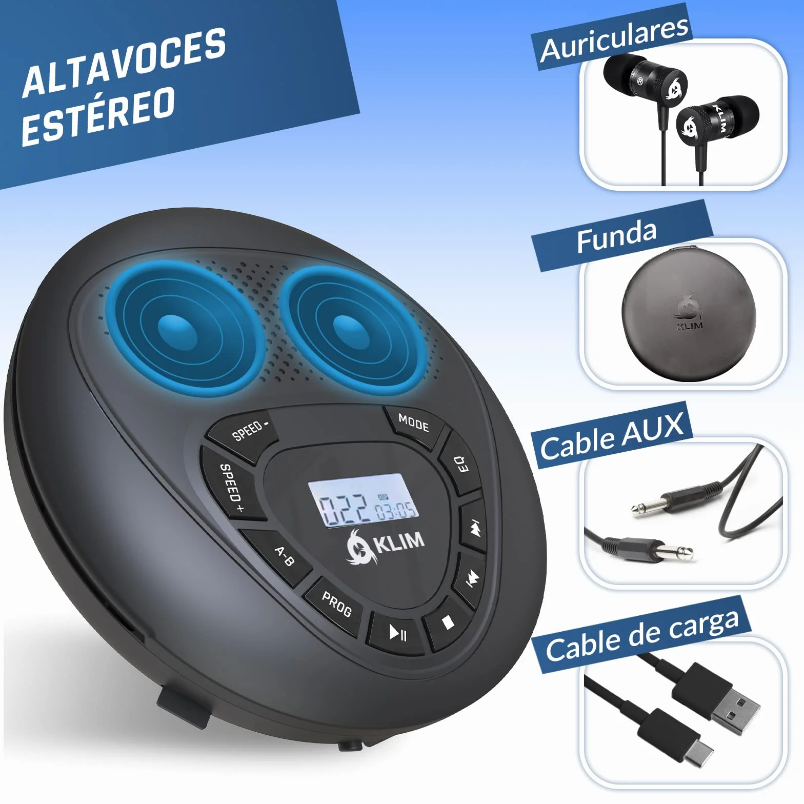 KLIM Reproductor CD portátil con Altavoces Discman Batería Recargable Lector SD/TF AUX