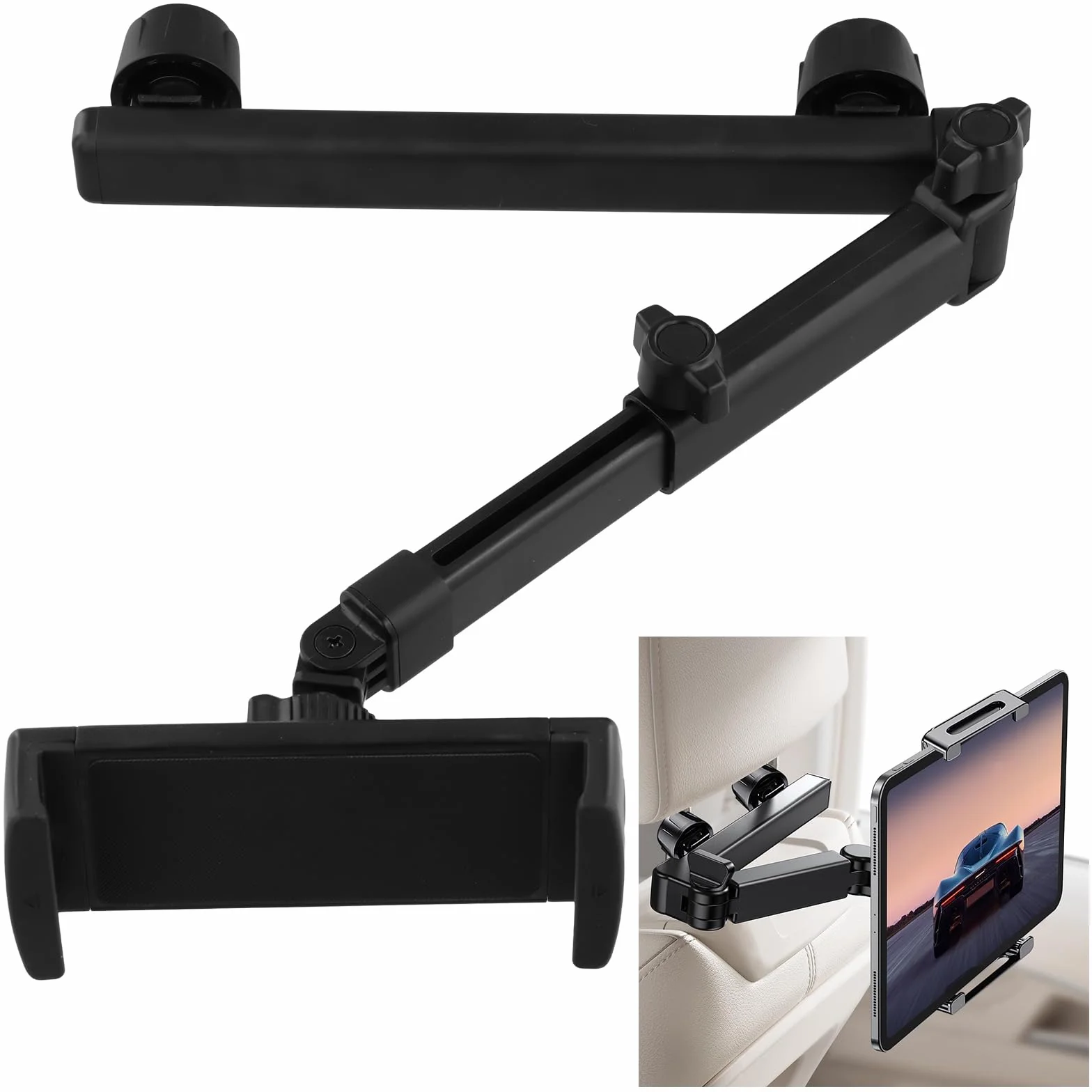 Soporte Tablet Coche, Soporte Coche Reposacabezas 360° Rotación, Soporte Extensible para Tablet Móvil, Ajustable Tablets Coche Aluminio para 4-12.9in Tab