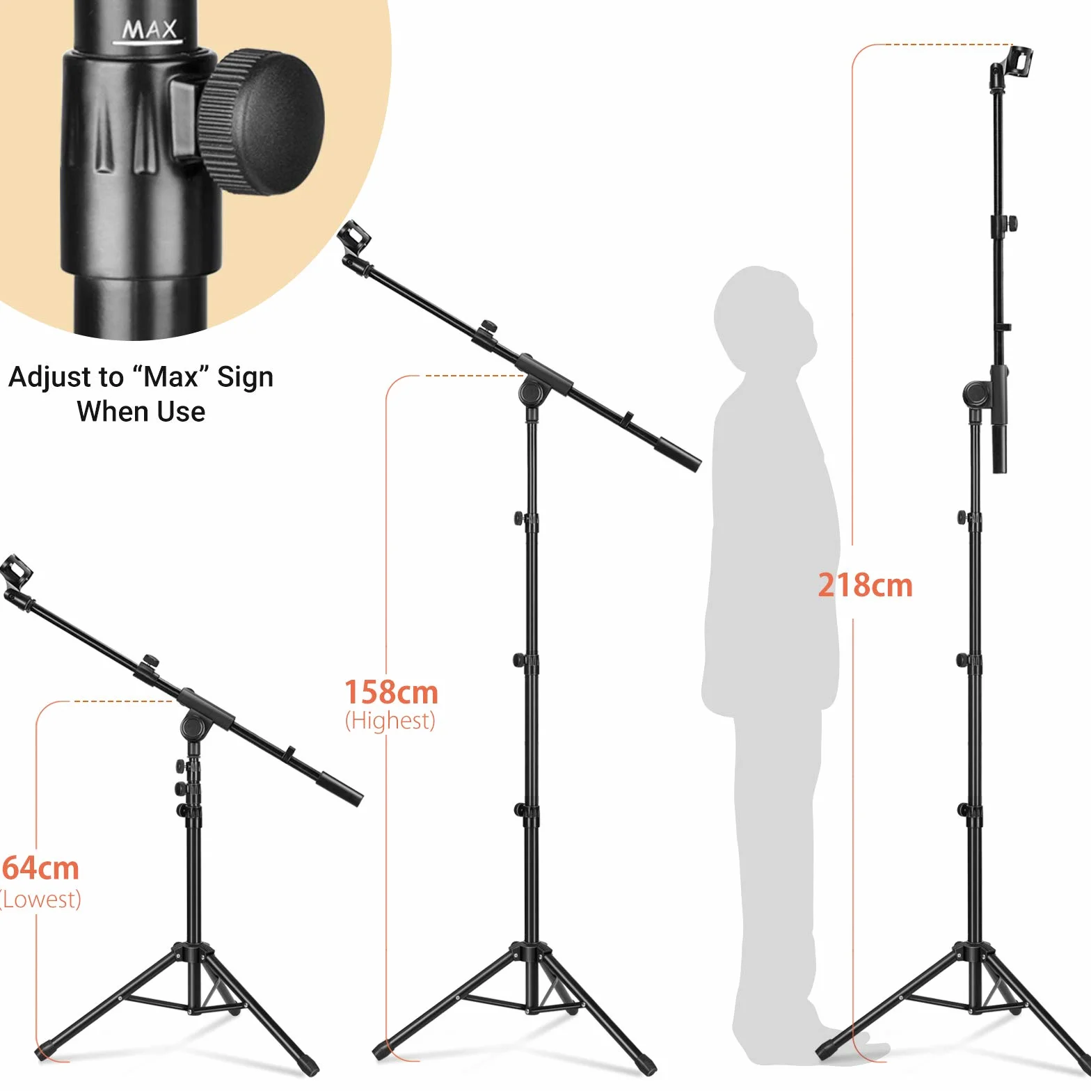 CAHAYA Soporte de Micrófono con Brazo con Dos Pinzas para Microfonos Pie de Micrófono Plegable y Ajustable de 64-158cm para Conciertos Videoconferencias Escenarios