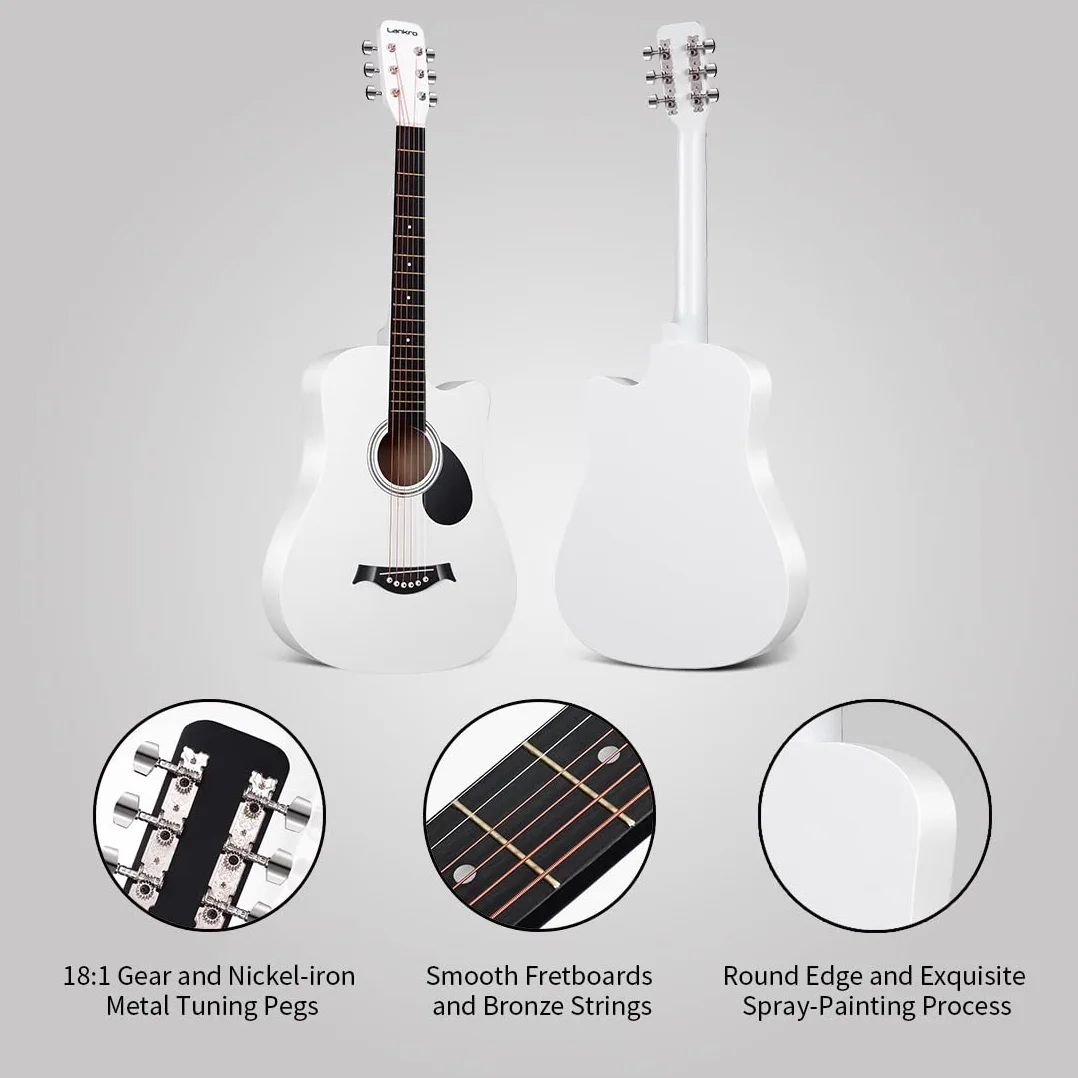 Guitarra acústica de 38 pulgadas para principiantes, guitarra occidental, color blanco, tilo cutaway, escoger capo, paño de limpieza