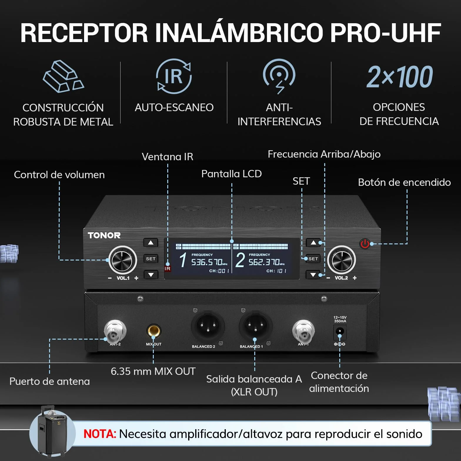 TONOR Micrófono Inalámbrico Profesional, Recargable Wireless Microphone Dinámico de Mano, Sistema de 2×100 Frecuencias UHF Ajustable para Karaoke/Fiestas/DJ/Iglesias, Escaneo Automático, 100M, TW750