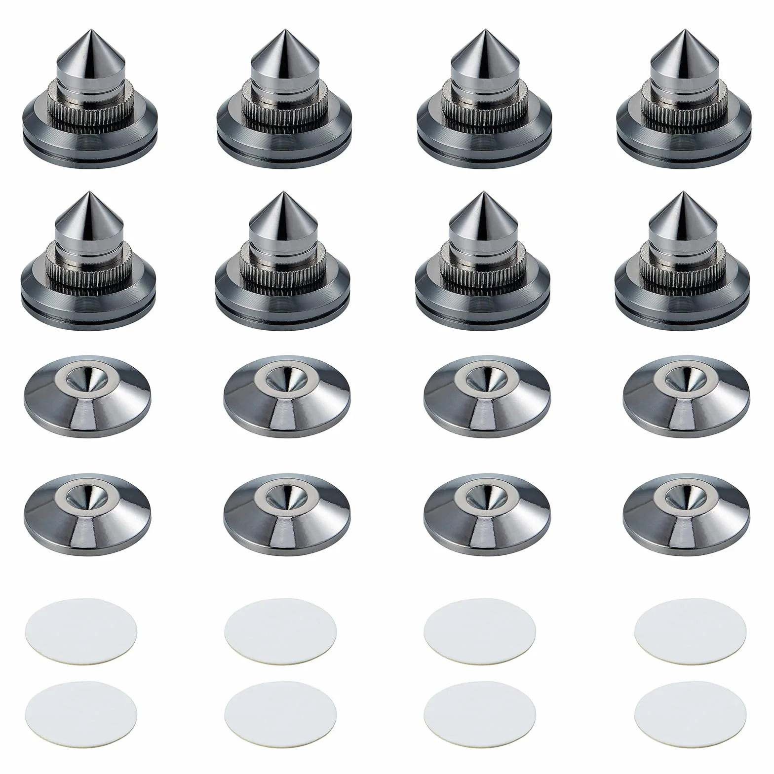 Puntas de desacoplo para Altavoces, Soportes de Altavoz para CD Audio Subwoofer, 8 Piezas Spikes de desacople HiFi con 16x Almohadillas Adhesivas, Ajustables en Altura, Negro