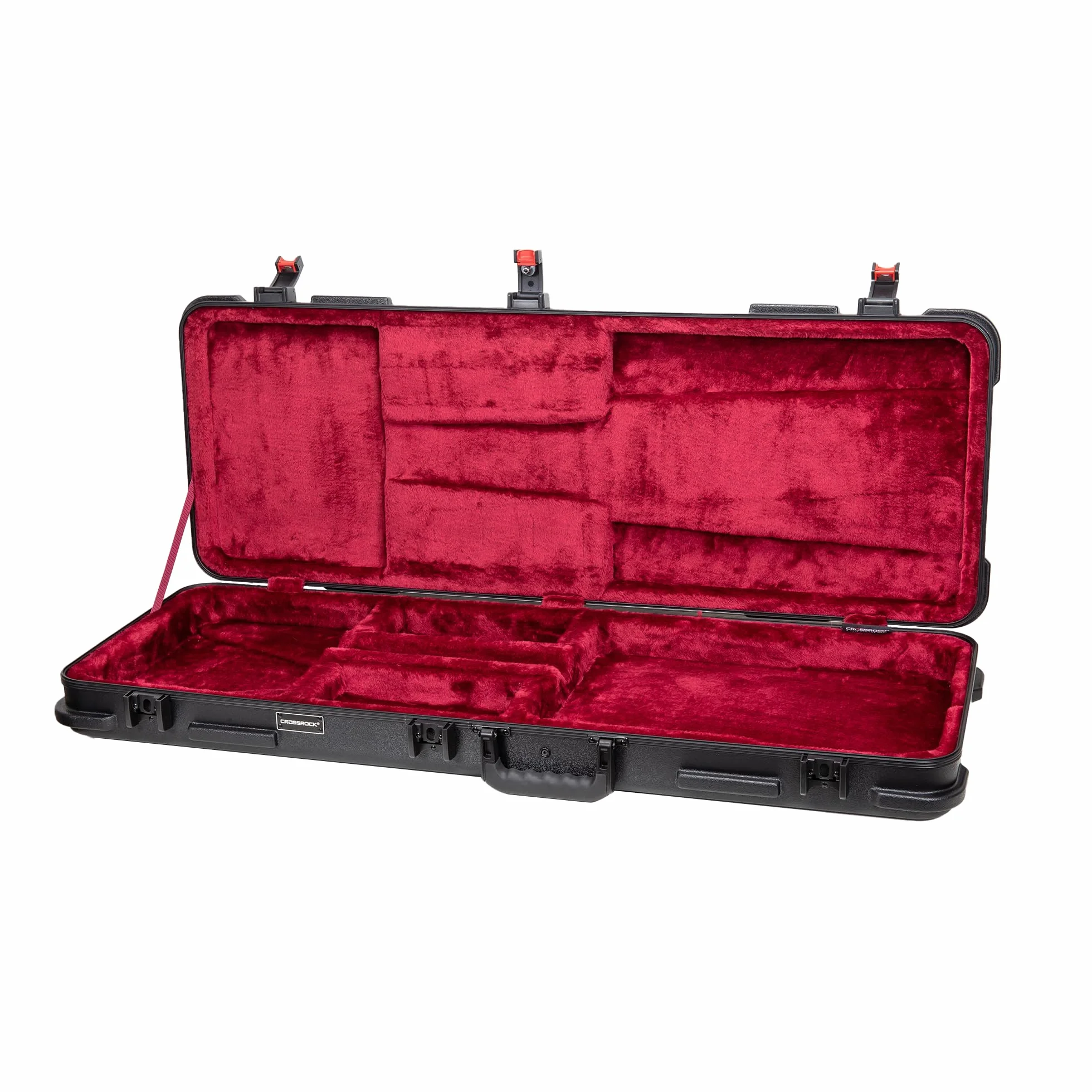 Crossrock Funda de Vuelo de Guitarra eléctrica ABS para Stratocaster y Telecaster, Acabado Negro Mate, Interior de Terciopelo borgoña, Cerradura TSA, Serie Moldeada