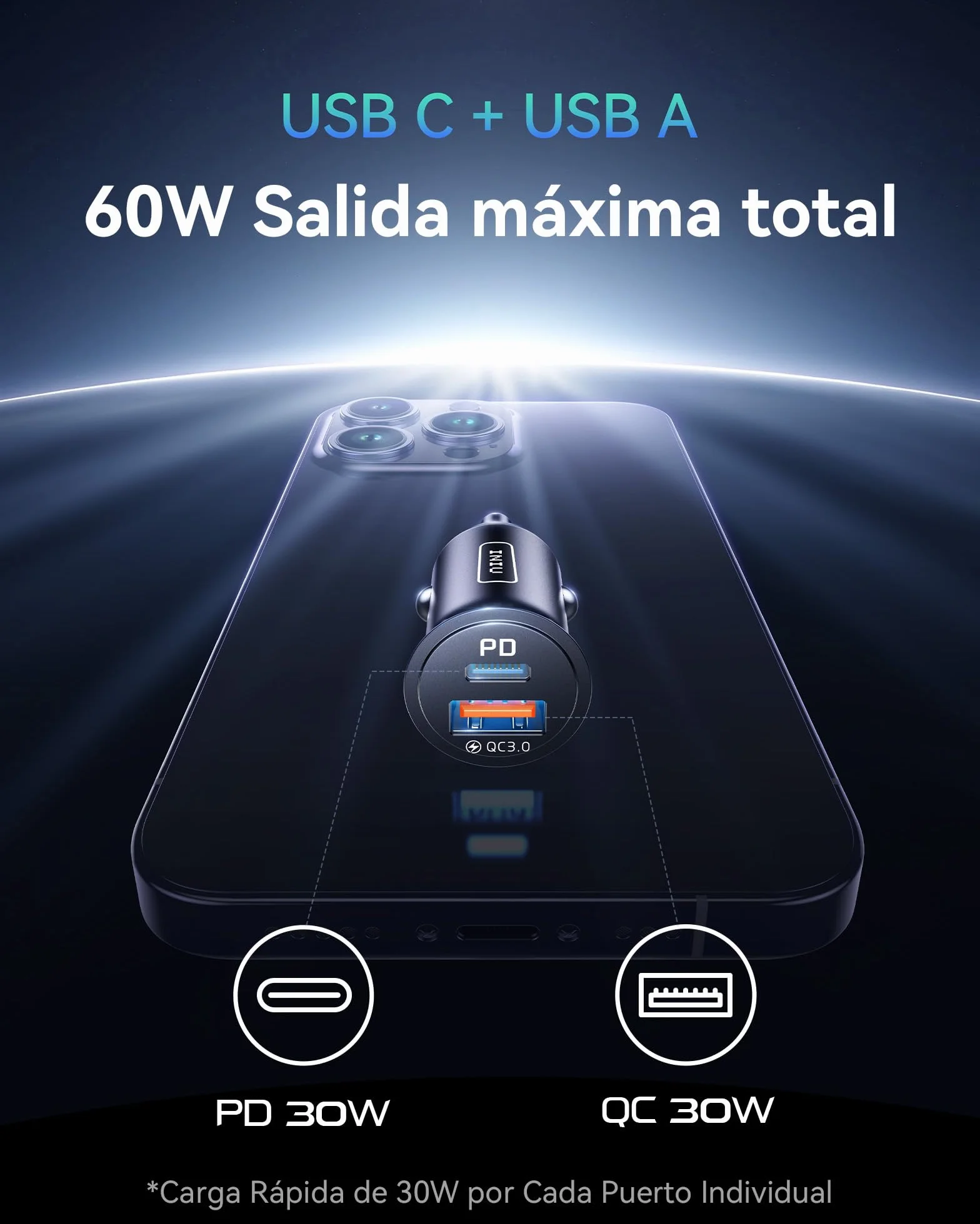 INIU Cargador Coche Carga Rápida 60W, 12V USB-C para iPhone 17 16 15 Pro MAX, Samsung S25, Xiaomi