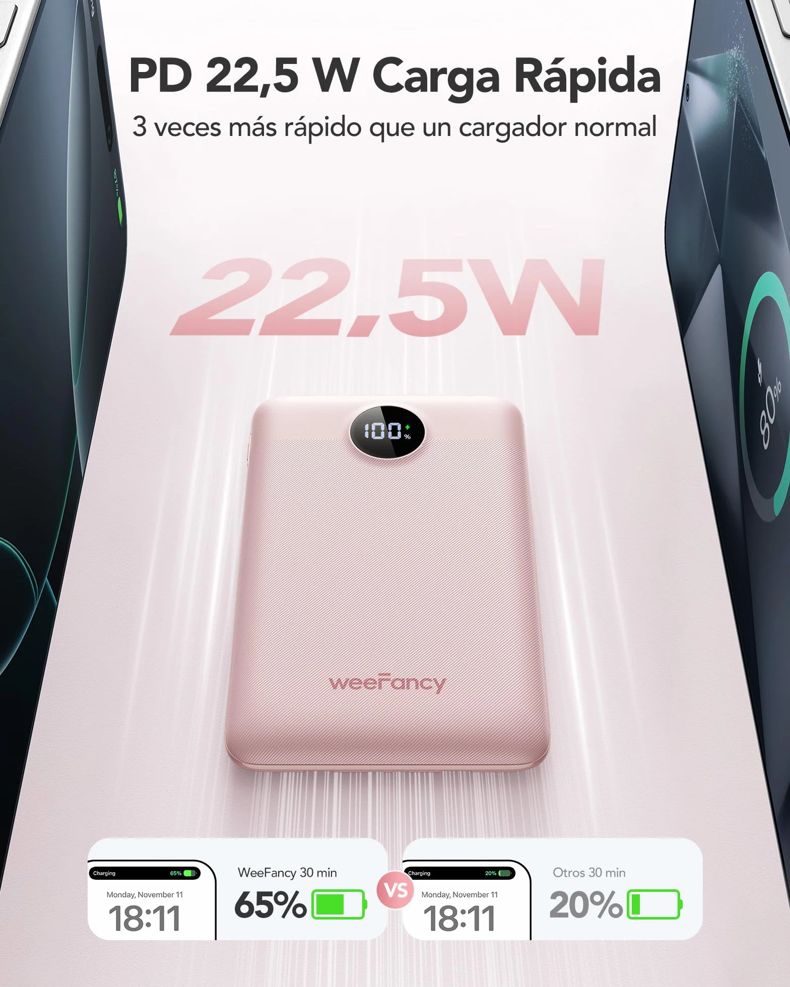 Mini Cargador Portátil para iPhone 10000mAh Slim PD 22.5 W de Carga Rápida con Cables Integrados, Viaje Esencial USB C Batería Pequeña Compatible con iPhone y Android (Rosado)