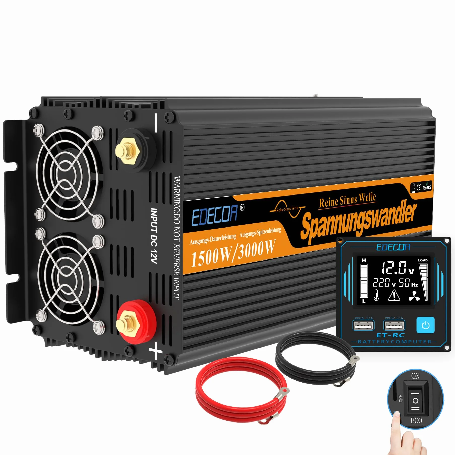 EDECOA inversor 12v 220v Onda Pura 1500w Transformador de Corriente Onda Pura con Mando a Distancia, USB y Pantalla LCD (3ª Generacion)