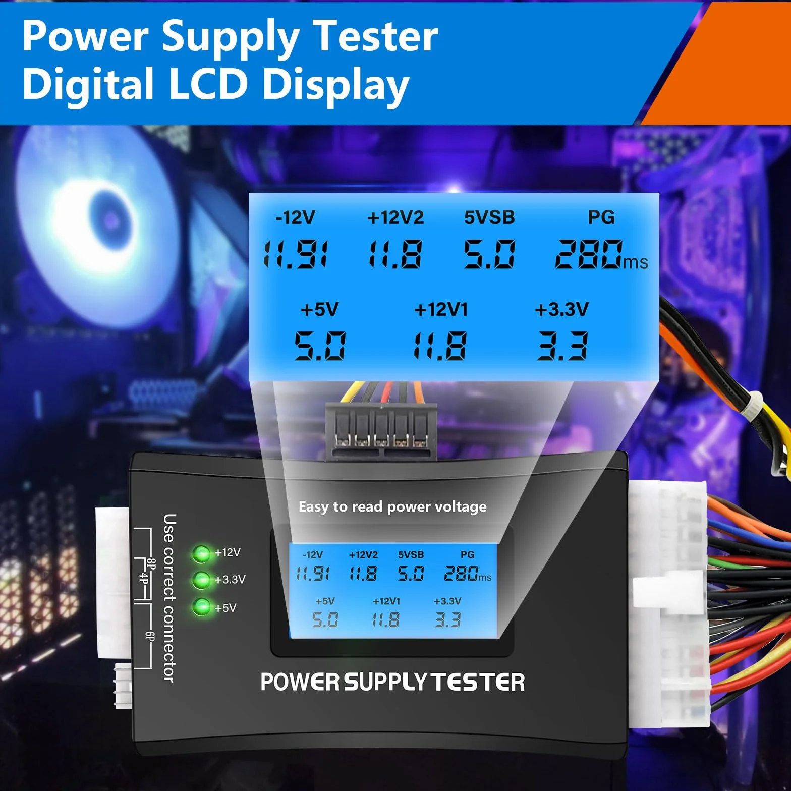 Probador de Fuente de Alimentación para PC, QIQIAZI Tester ATX con Pantalla LCD de 1,8", Compatible con ATX/ITX/IDE/HDD/SATA/BYI, Probador Digital con Alarma de Error y Luz LED
