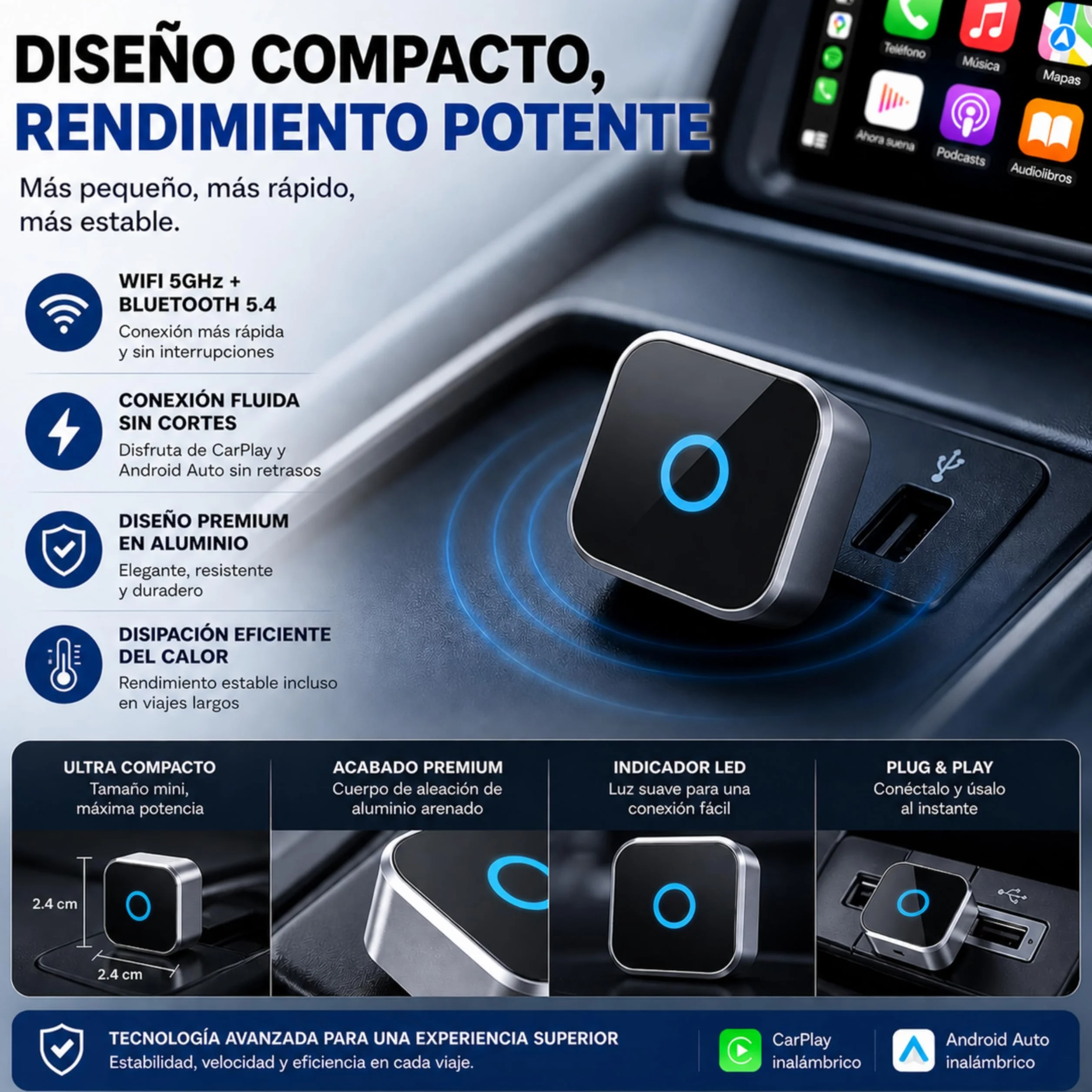 Adaptador CarPlay Inalámbrico 2 en 1. Android Auto inalámbrico USB compacto. Convierte carplay por cable en conexión sin cables rápida y estable Conexión automática en 5s Plug & Play (USB C)