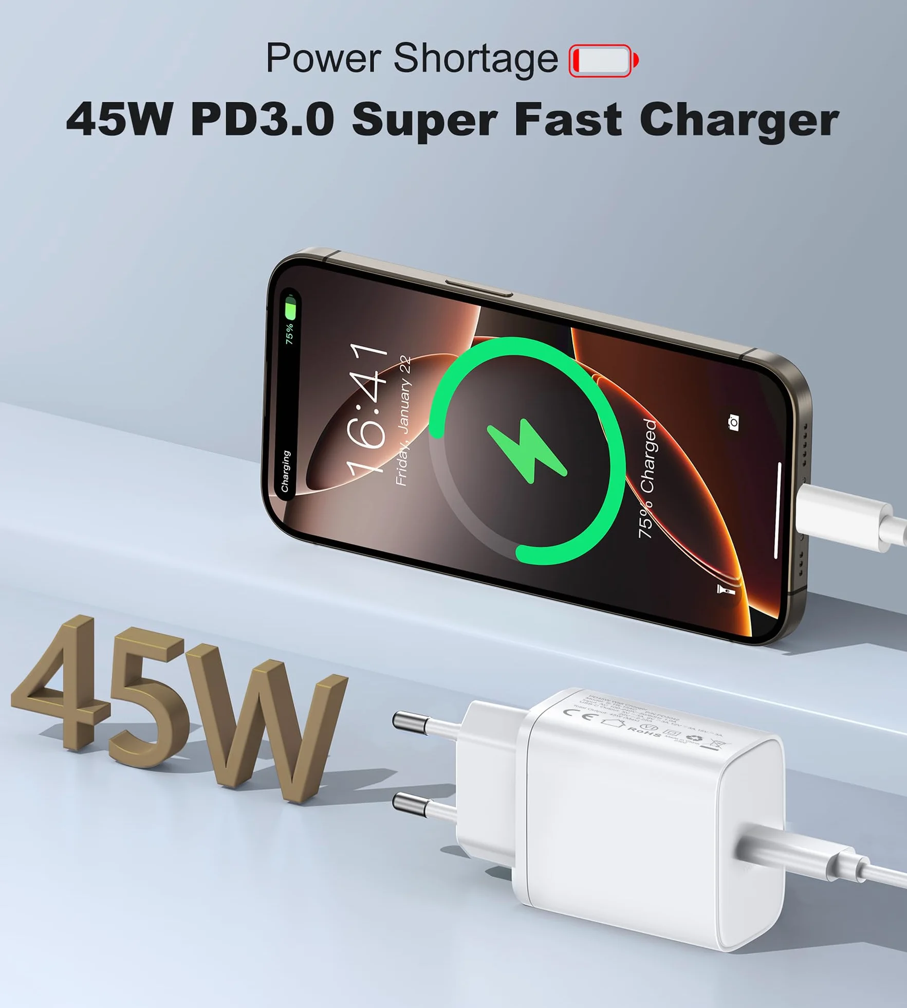 45W Cargador USB C para iPhone 17 16 15 Pro Max Plus Air, Samsung Galaxy S25 S24 S23, Carga Rápida con Cable 2M