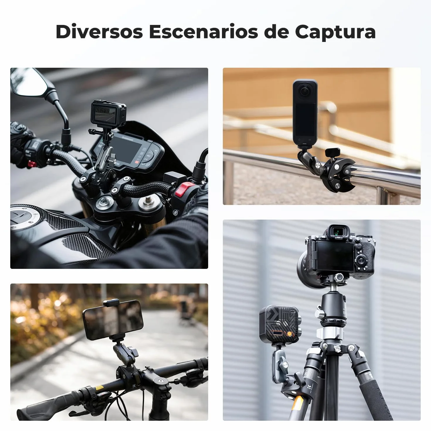 K&F CONCEPT Abrazadera para Cámara con Cabezal Doble 360° Soporte Manillar Bicicleta Motocicleta Compatible GoPro Hero 13/12 Insta360 X5/X4 Osmo Action 5 Pocket 3
