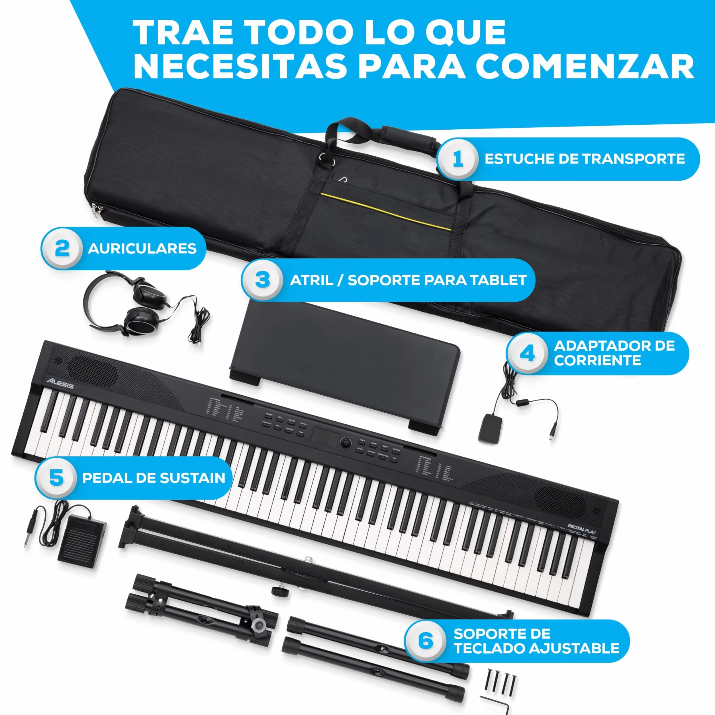 Alesis Teclado Piano con 88 Teclas y 480 Sonidos, Altavoces, MIDI USB, Estuche, Soporte, Auriculares, Pedal y Lecciones de Piano Incluidas