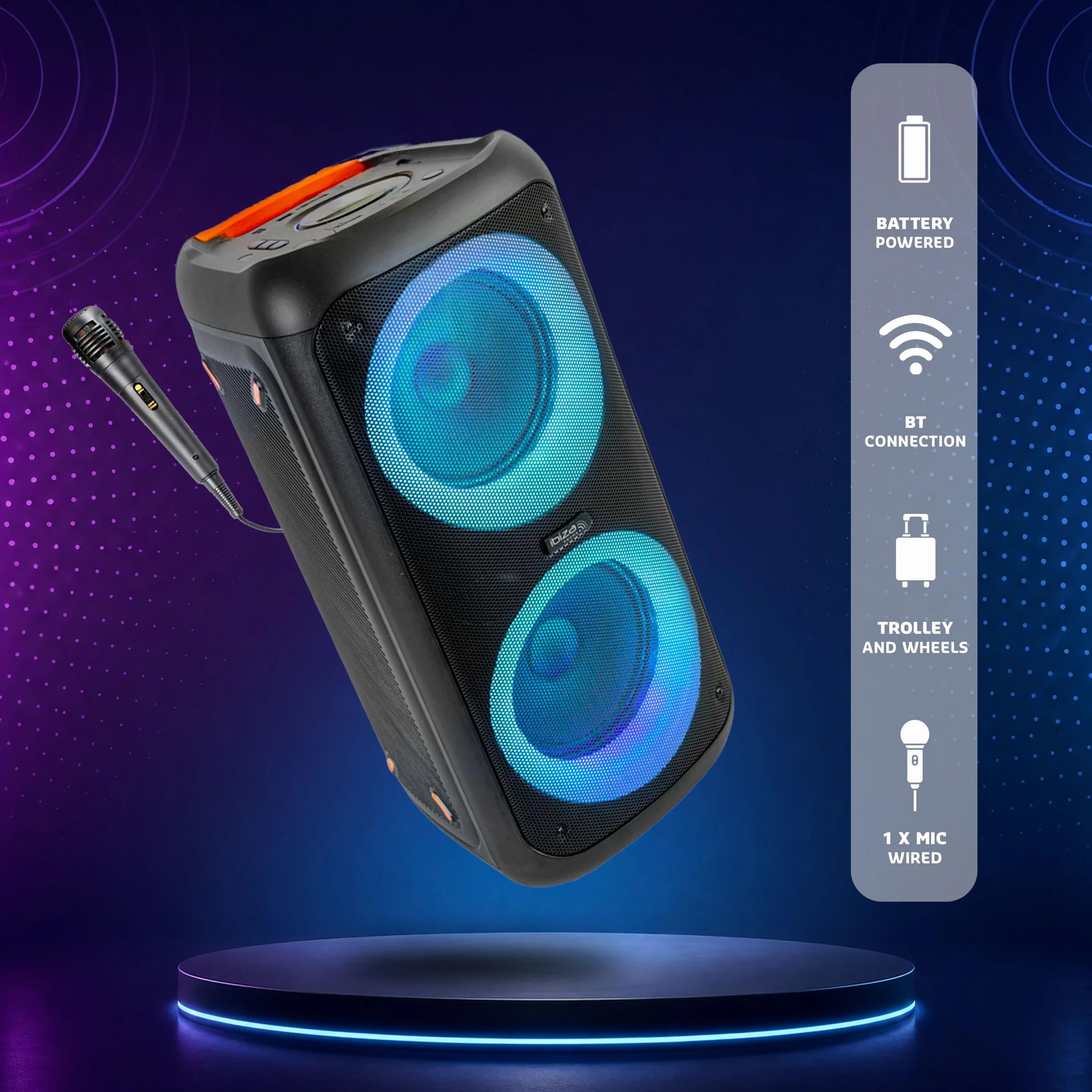 Ibiza ERIS400 Altavoz Bluetooth portátil con batería y LED – 2 woofers iluminados – TWS – USB, MicroSD, AUX – Micrófono con Cable Incluido – Trolley, Ruedas – Ideal para Fiestas y Karaoke
