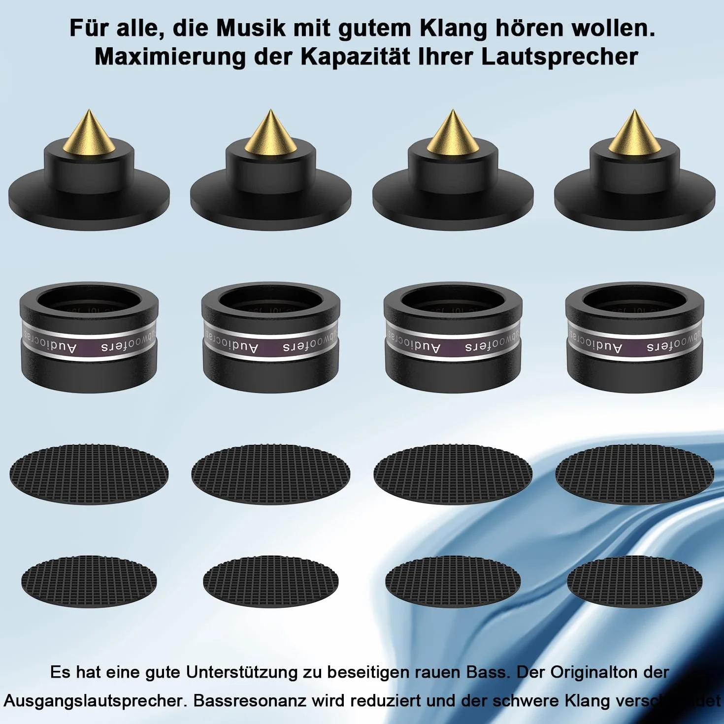 Juego de 4 tacos de aluminio para altavoz, altura regulable, negro