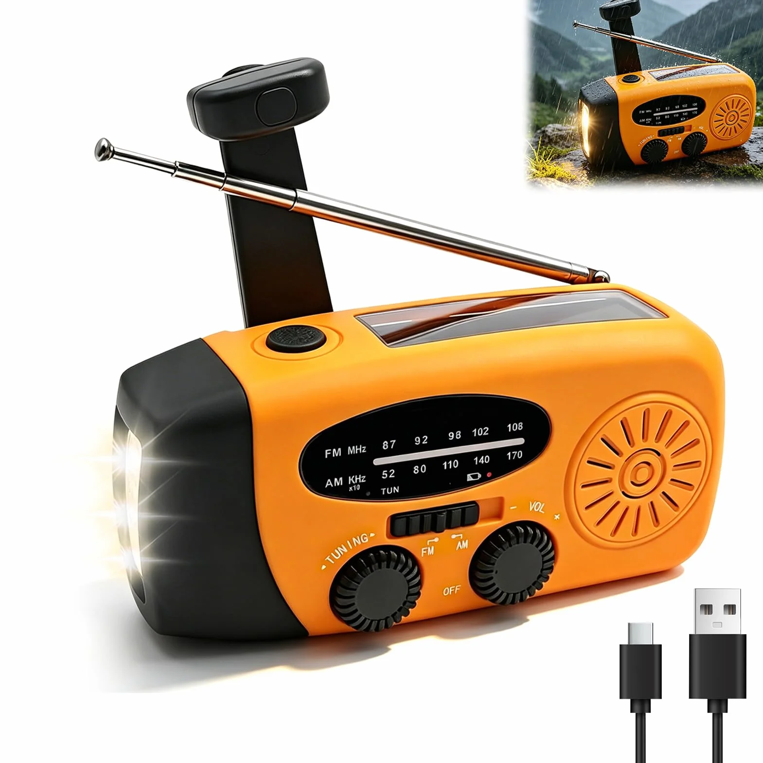Radio Solar de Emergencia con Manivela manivela portátil Radio Portátil Am/FM con 3 potentes Luces LED Batería 600mAh USB Recargable para Cargar Móvil para Supervivencia Camping Senderismo Apagones