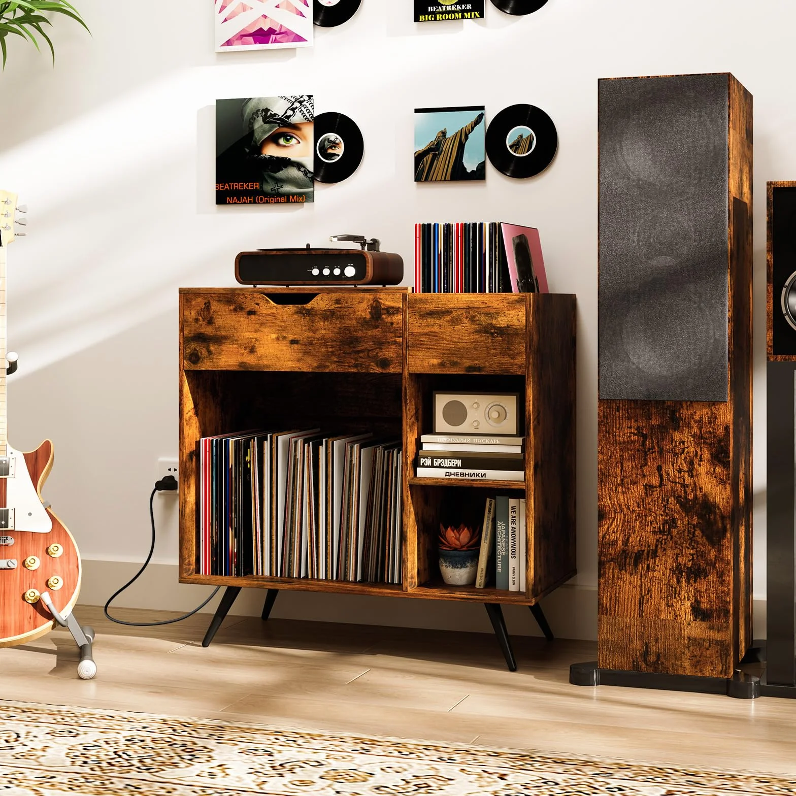 KOMFOTTEU Soporte para Tocadiscos con Estación de Carga, Mesa Auxiliar con 4 Compartimentos Abiertos y Cajón, Mueble para Tocadiscos con Carga 80 kg, Estantería de Discos de Vinilo, 80 x 40 x 79 cm