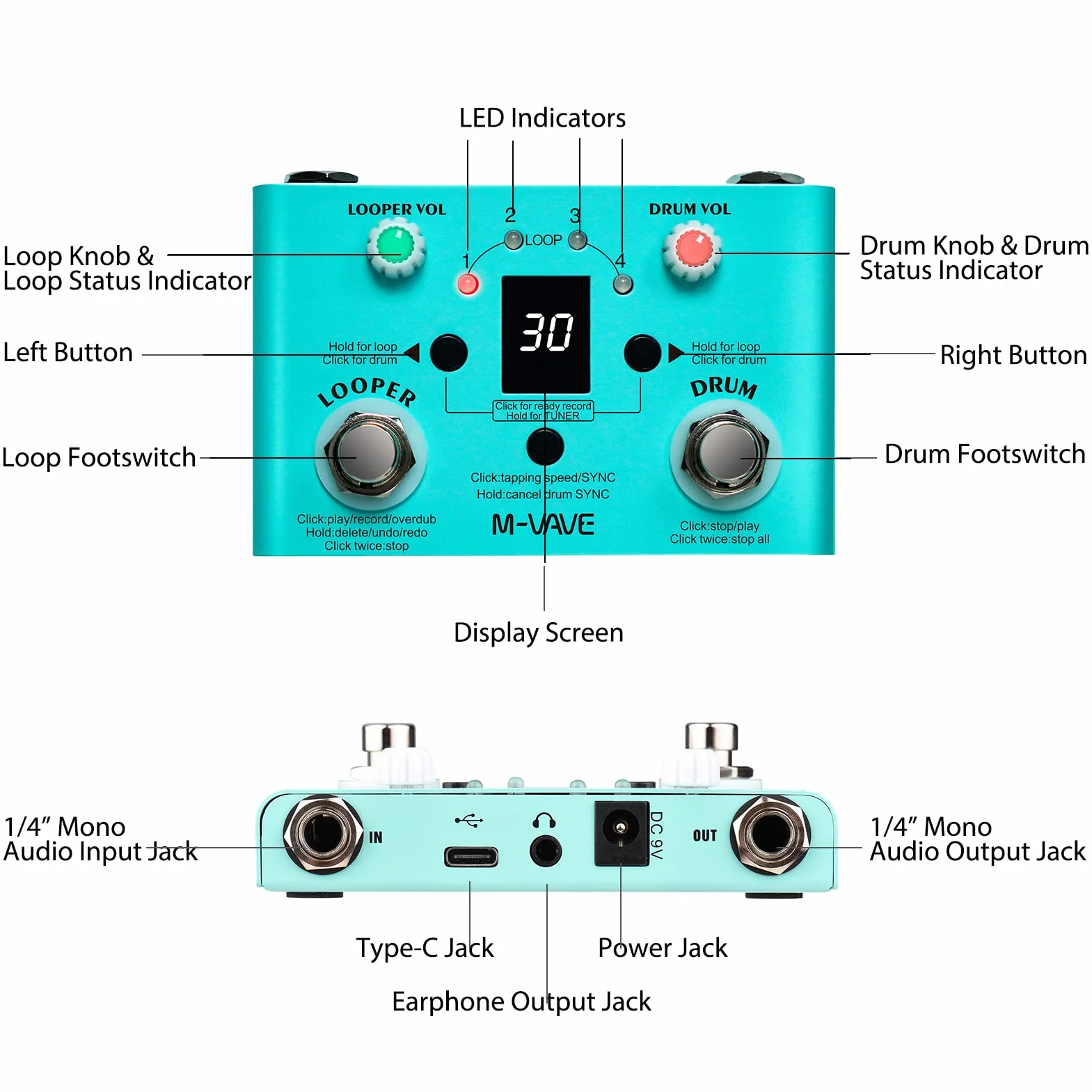 LOST TEMPO Pedal de efectos Drum & Looper Effector Mini 2-in-1 Looper & Drum Machine Doble pedal Looper Pedal Looper Pedal de guitarra 30 tambores y 4 bucles Sintonizador de alta precisión