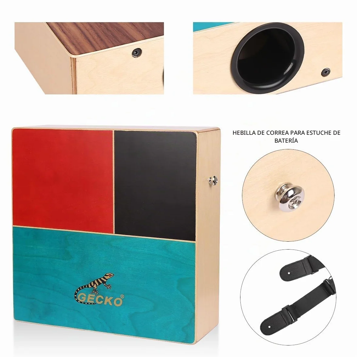GECKO Cajón de tambor de doble cara de madera con sonidos de bongo y cuerdas de guitarra, percusión manual portátil para principiantes y bateristas profesionales, de abedul y nogal, incluye bolsa de