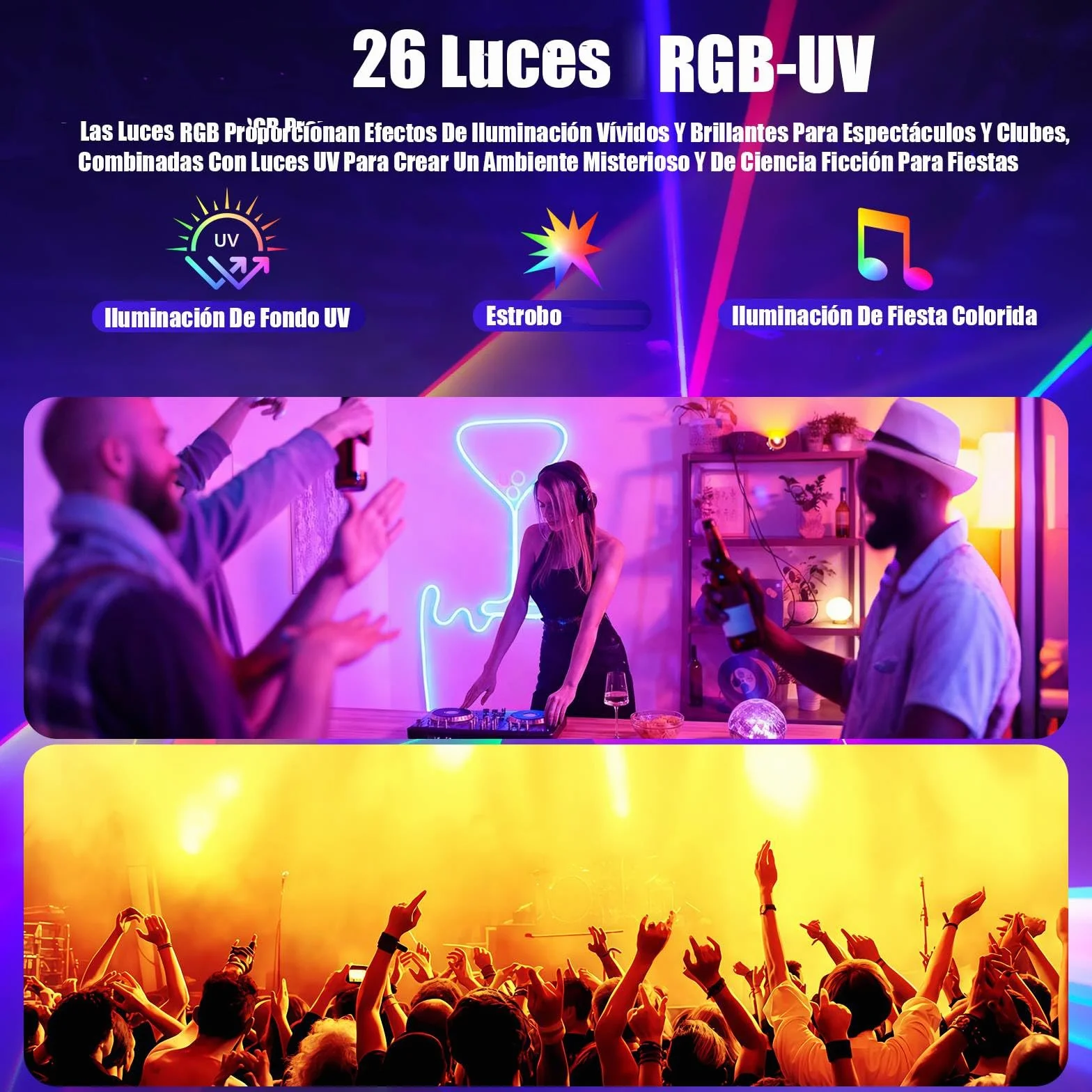 Luces Discoteca Controlada por Música con DMX512, Luz UV & Bola Disco - Luces DJ para Club, Fiesta, Evento, Boda, Halloween