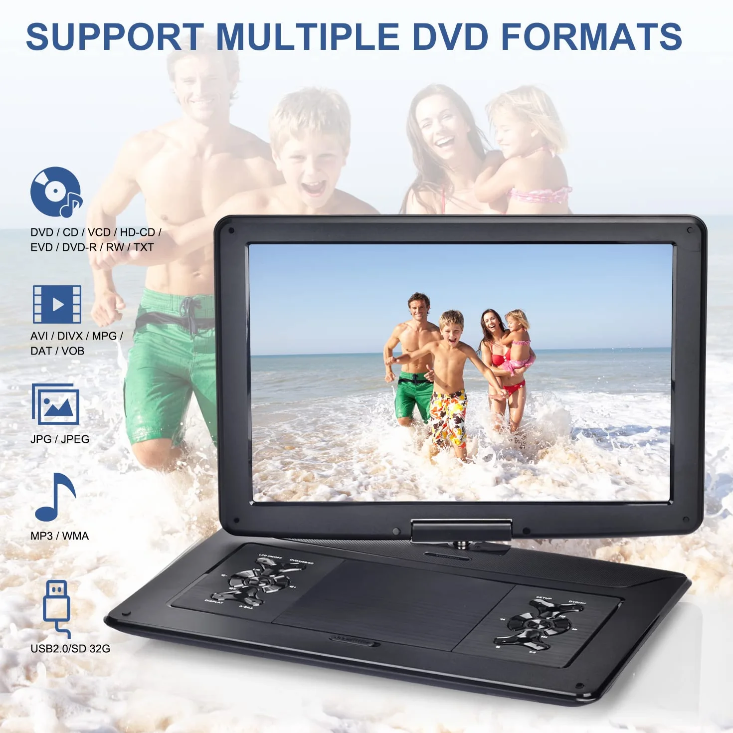 YOOHOO Reproductor de DVD portátil HD 17.9 pulgadas pantalla giratoria 15.6 pulgadas batería recargable multiregión